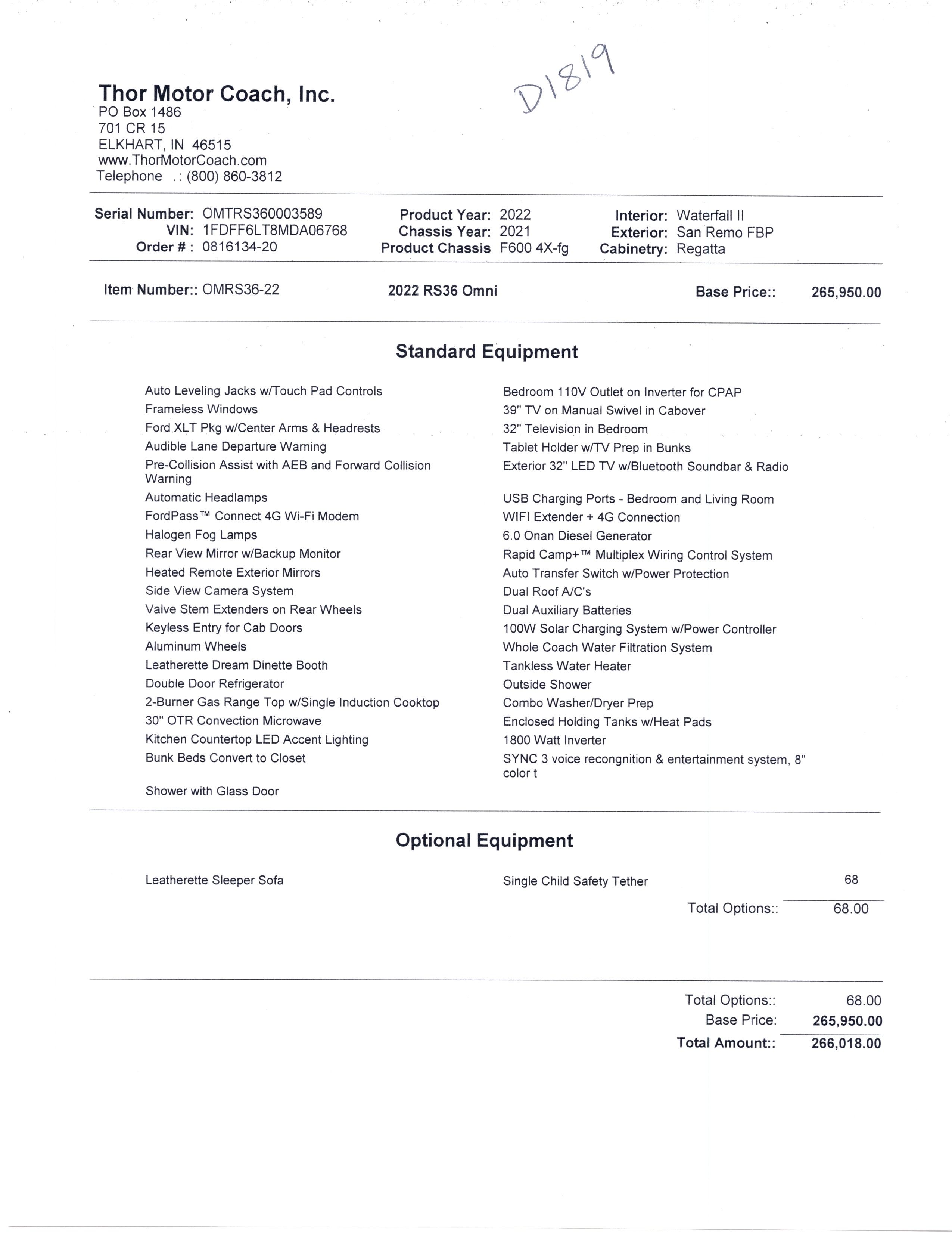 2022 Thor Omni 4x4 RS36 MSRP Sheet