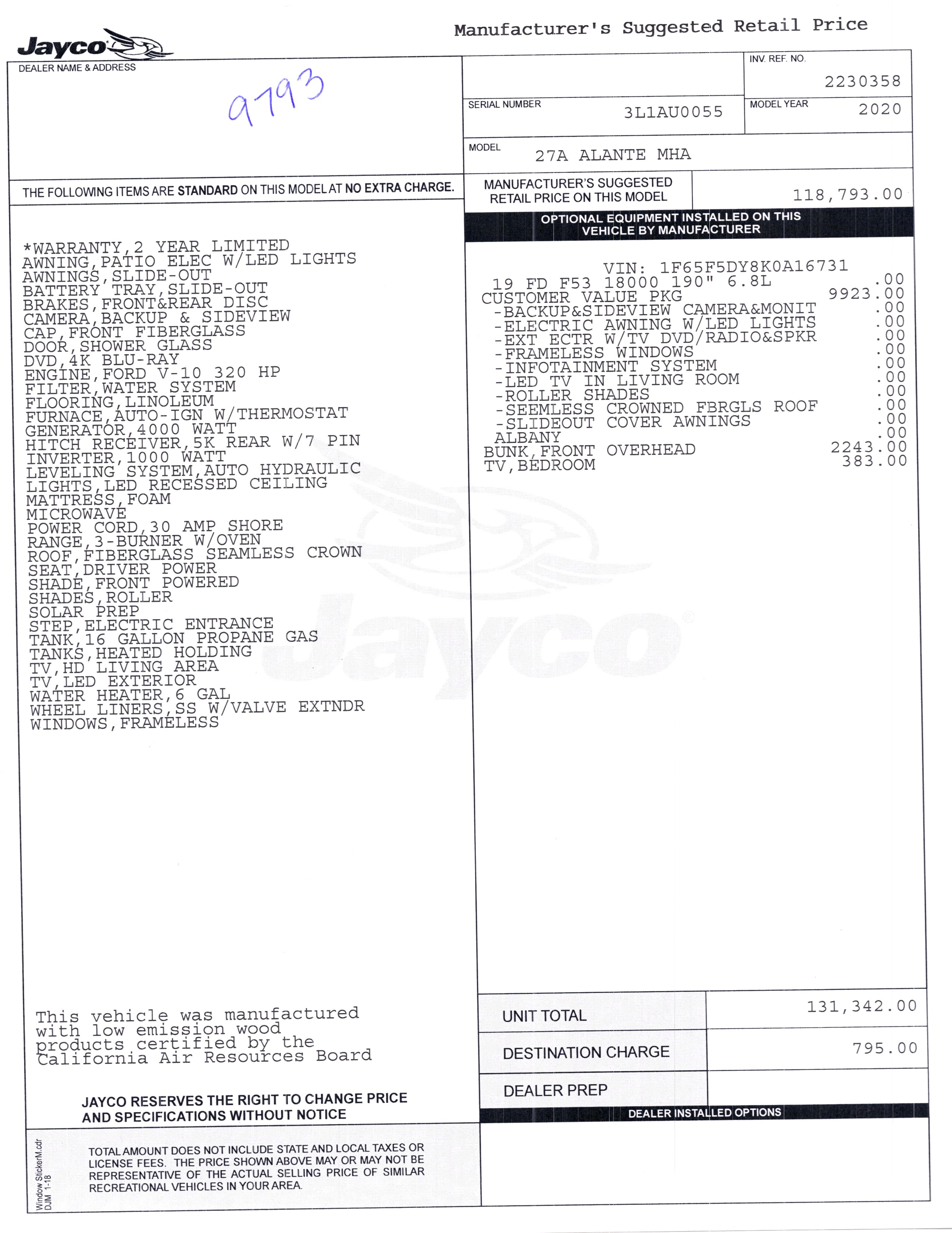 2020 Jayco Alante 27A MSRP Sheet