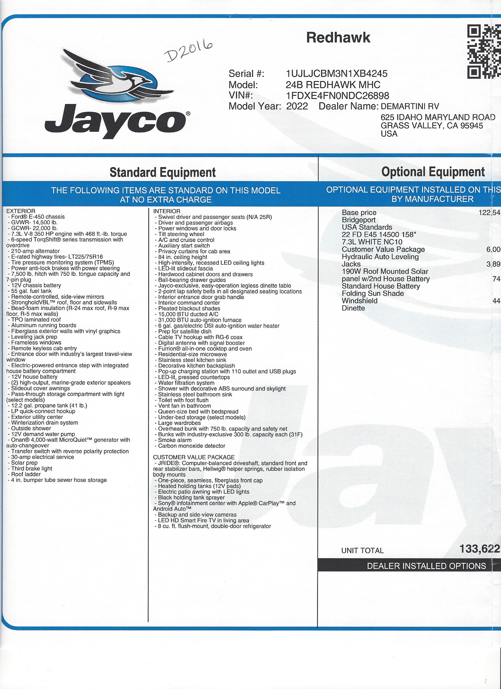 2022 Jayco Redhawk 24B MSRP Sheet