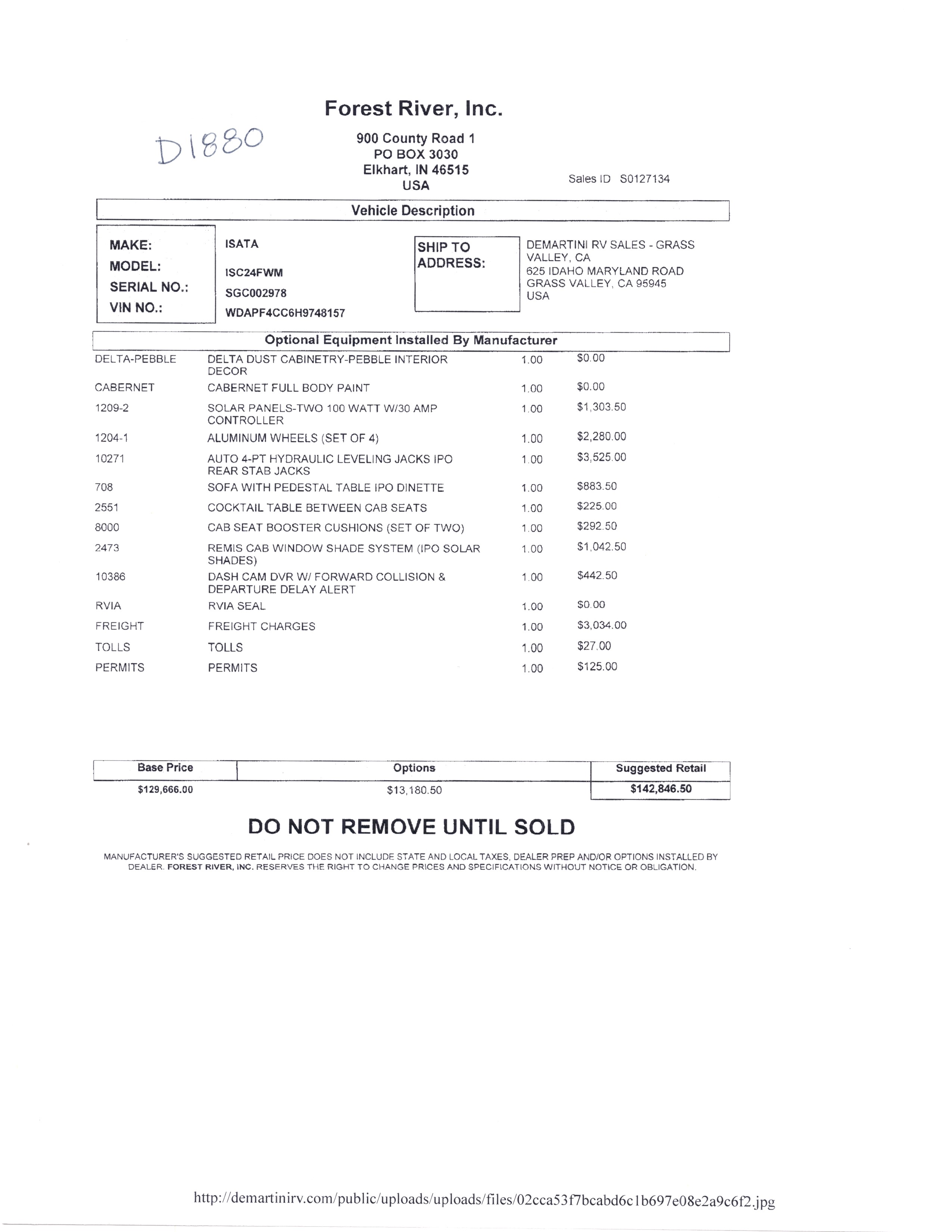 2019 Dynamax Isata 3 24FW MSRP Sheet