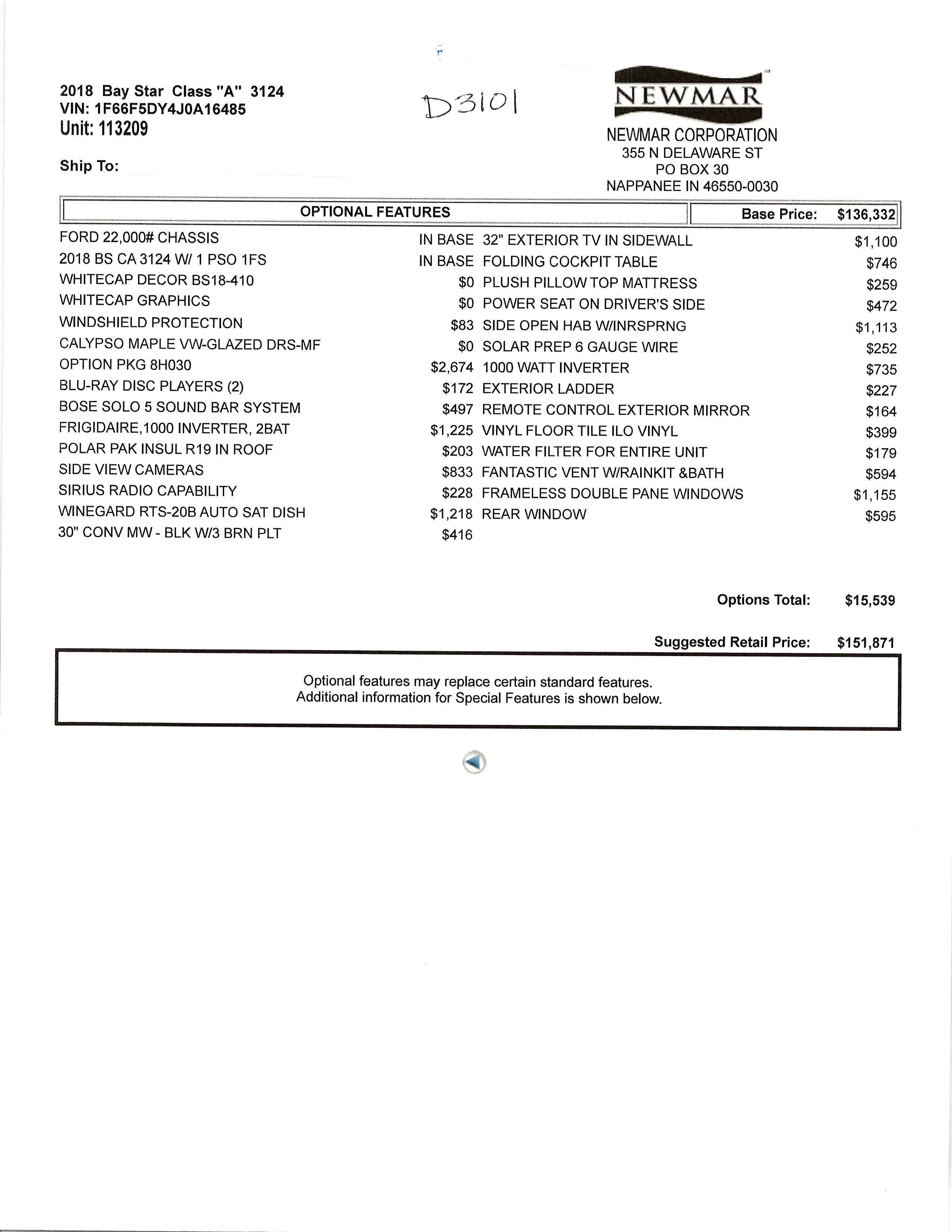 2018 Newmar Bay Star 3124 MSRP Sheet