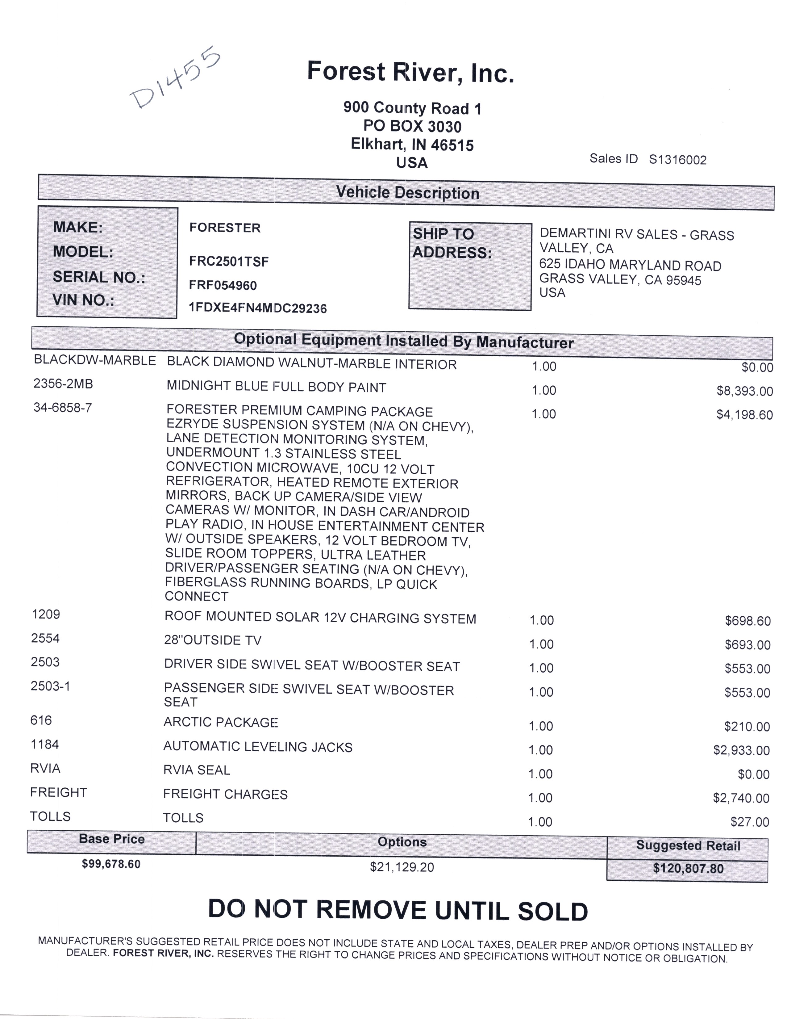 2021 Forest River Forester Classic 2501TS MSRP Sheet