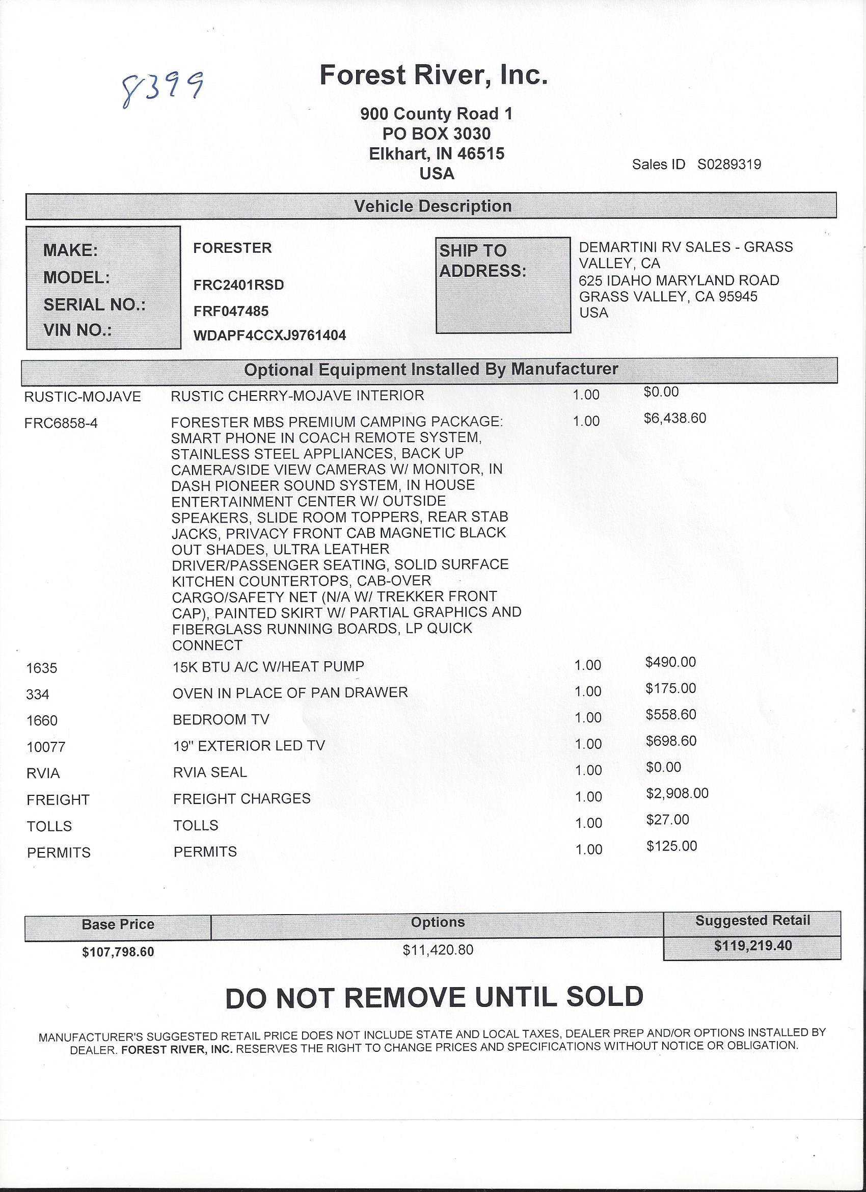 2019 Forest River Forester MBS 2401R MSRP Sheet