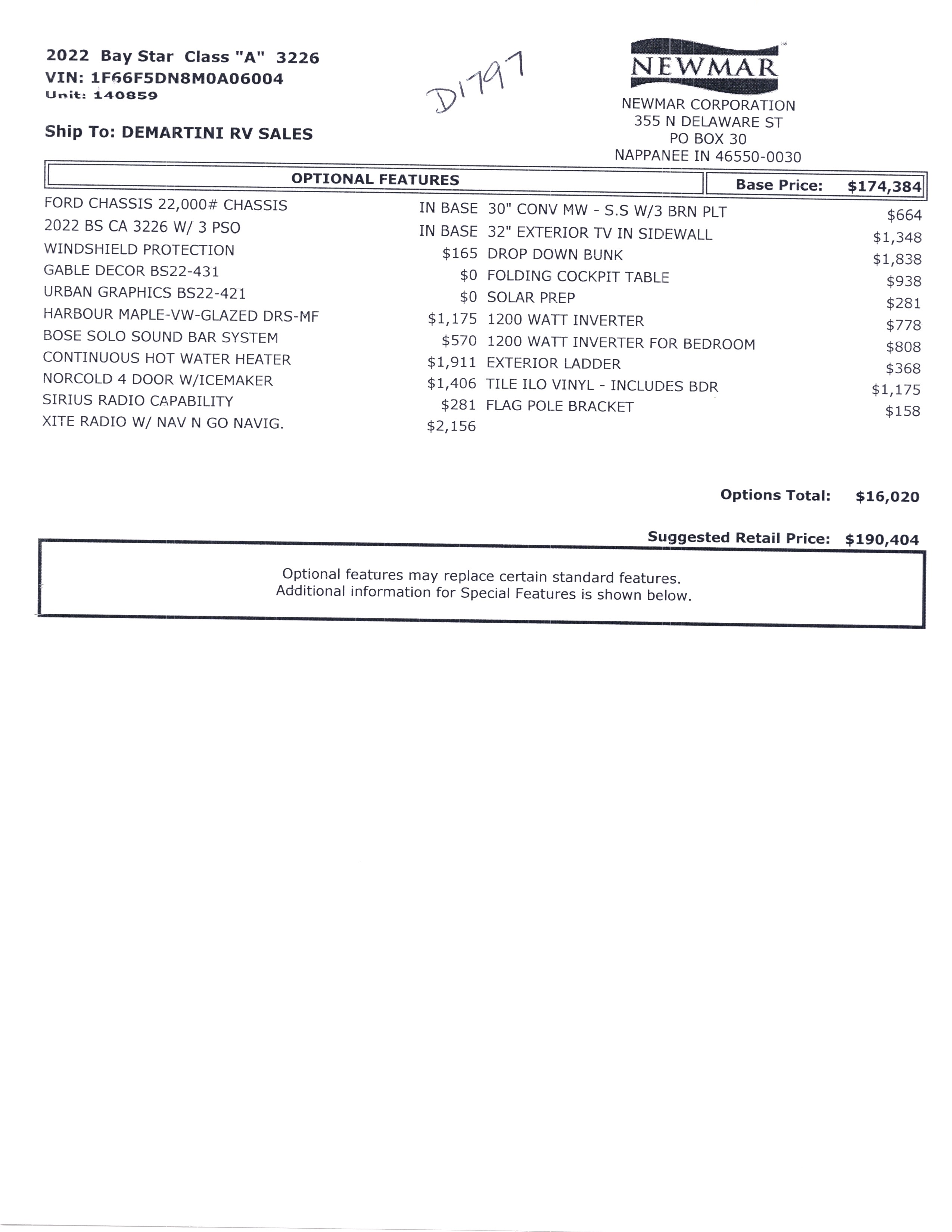 2022 Newmar Bay Star 3226 MSRP Sheet