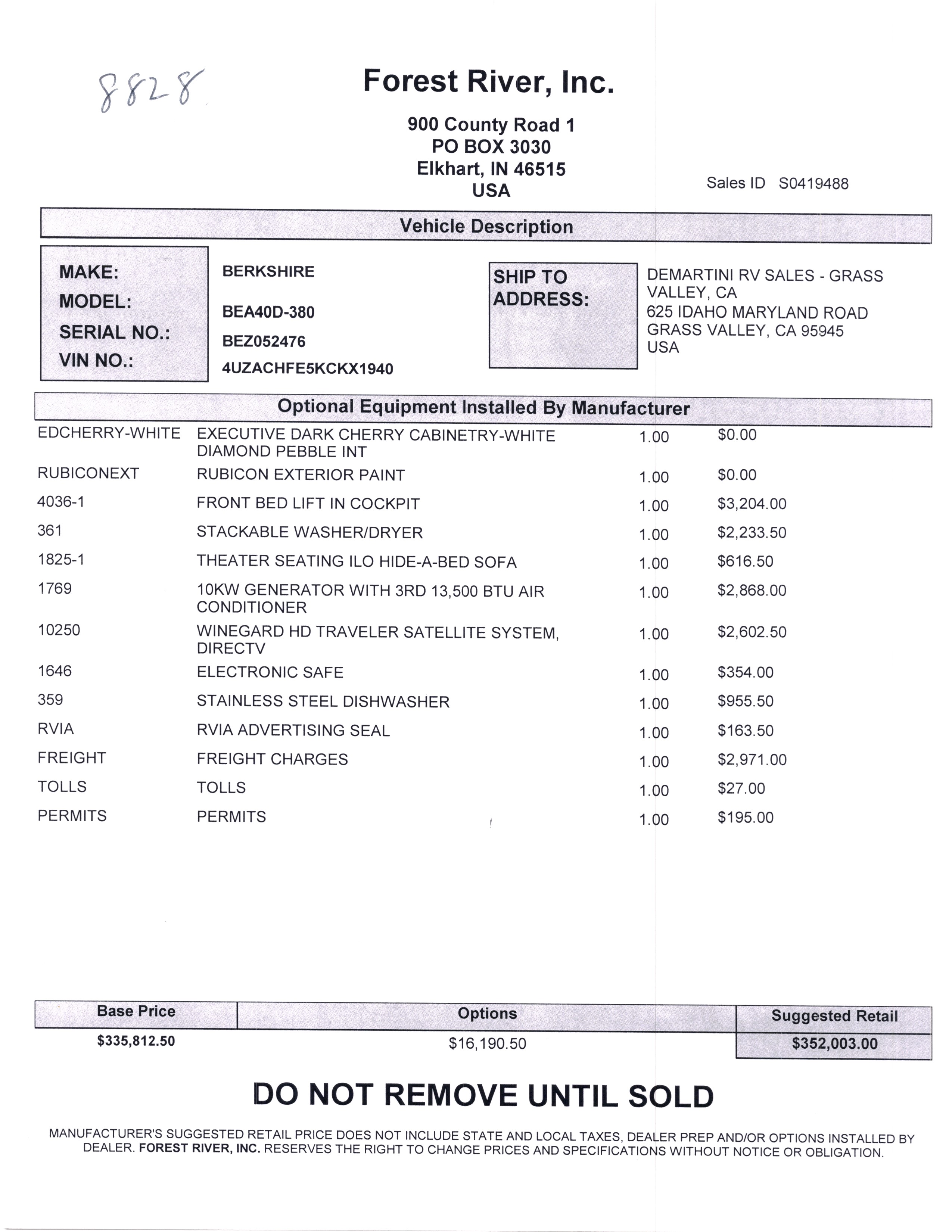 2019 Forest River Berkshire XL 40D MSRP Sheet