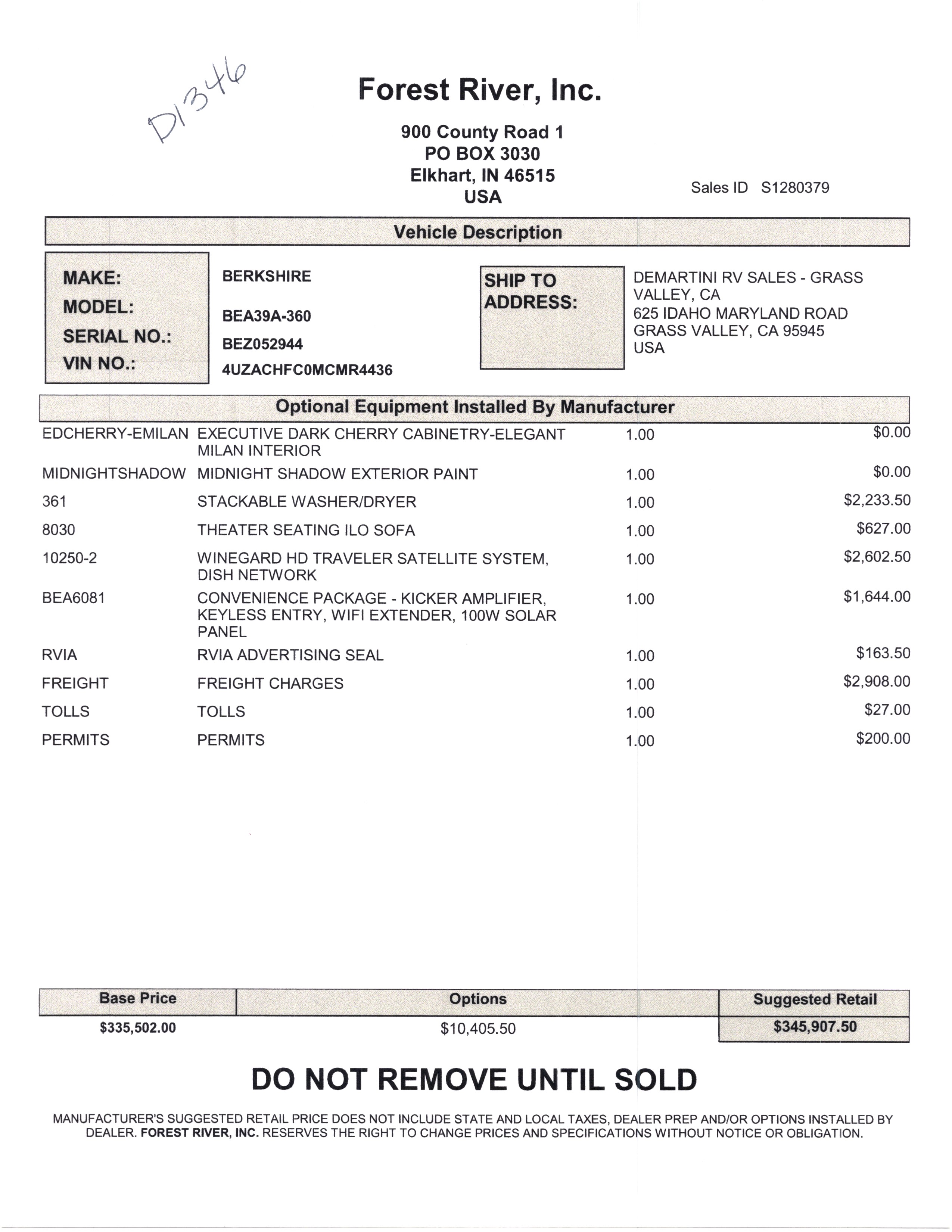 2021 Forest River Berkshire 39A MSRP Sheet