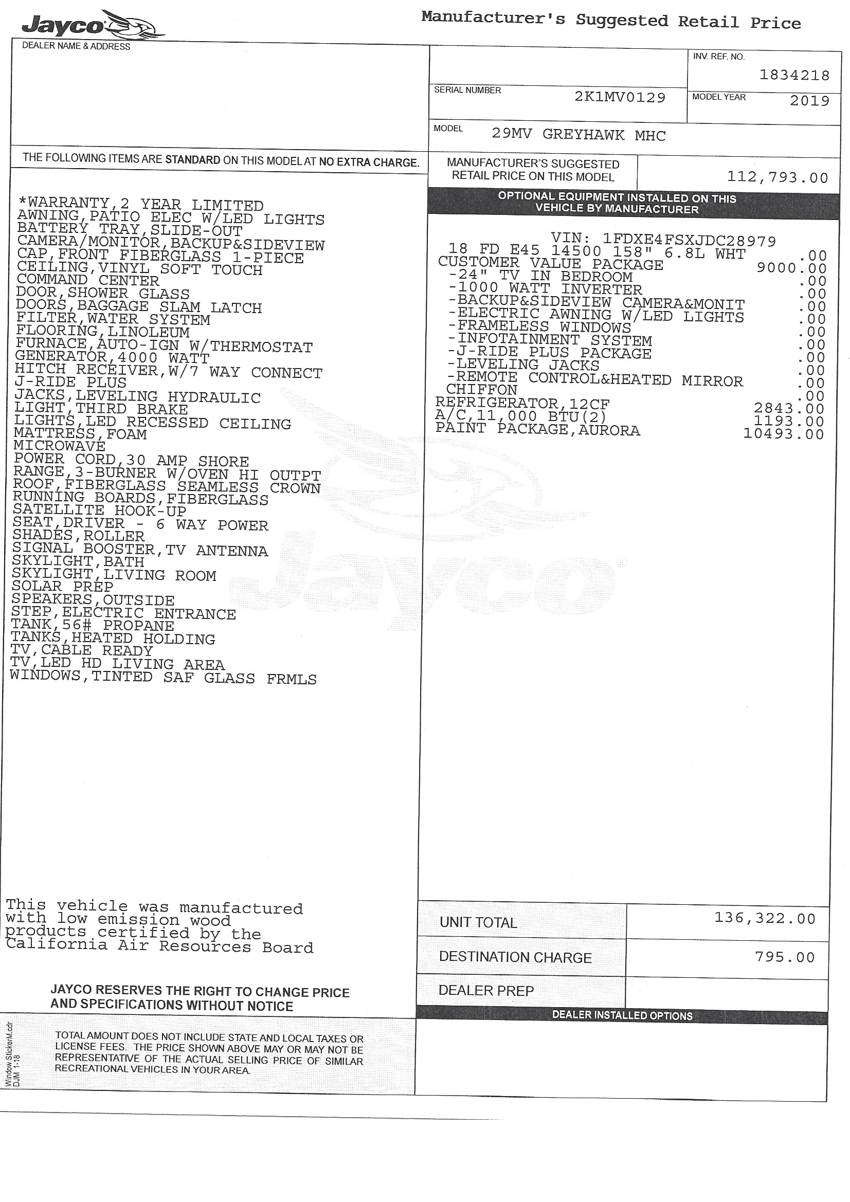 2019 Jayco Greyhawk 29MV MSRP Sheet