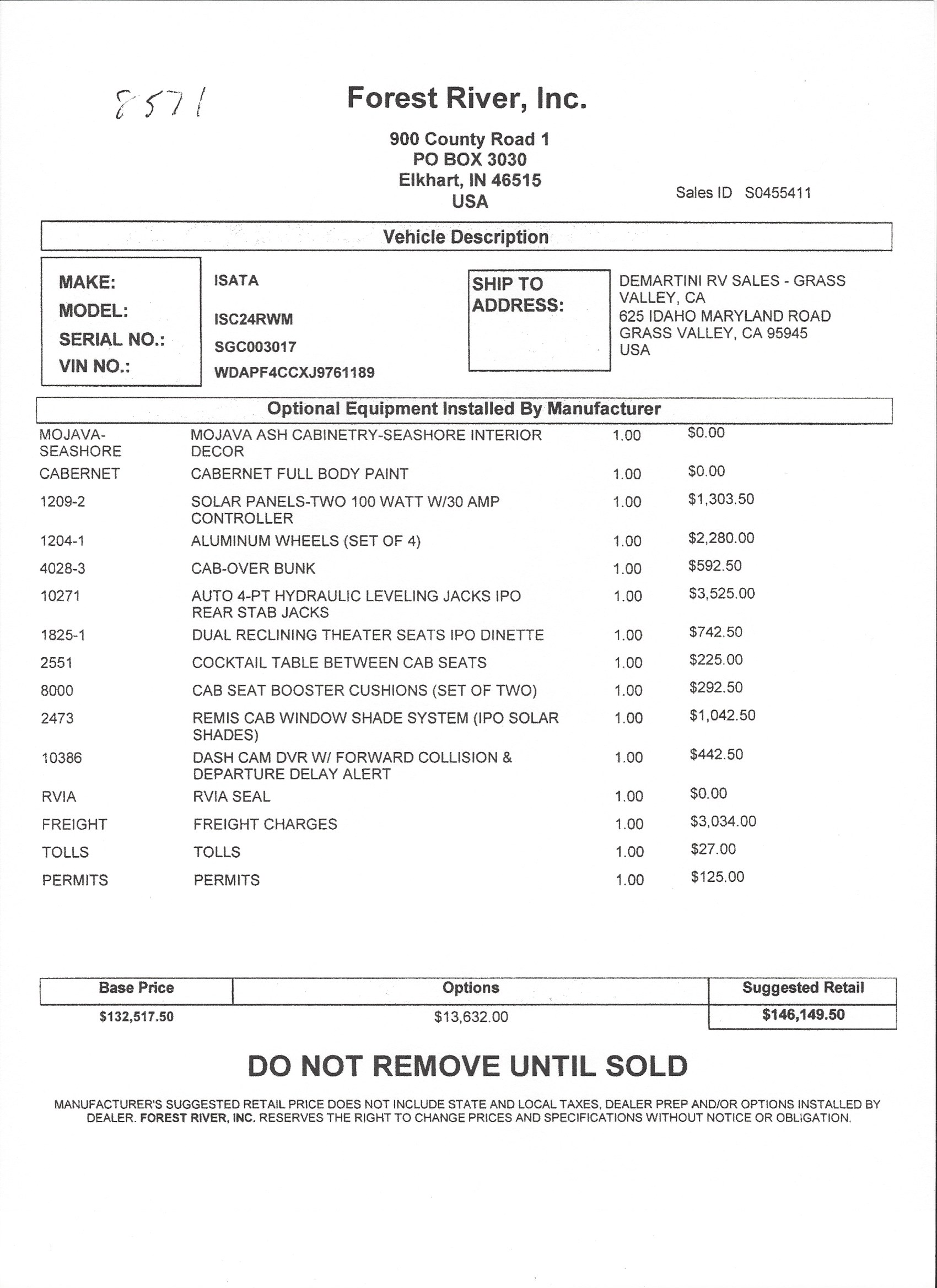 2019 Dynamax Isata 3 24RW MSRP Sheet