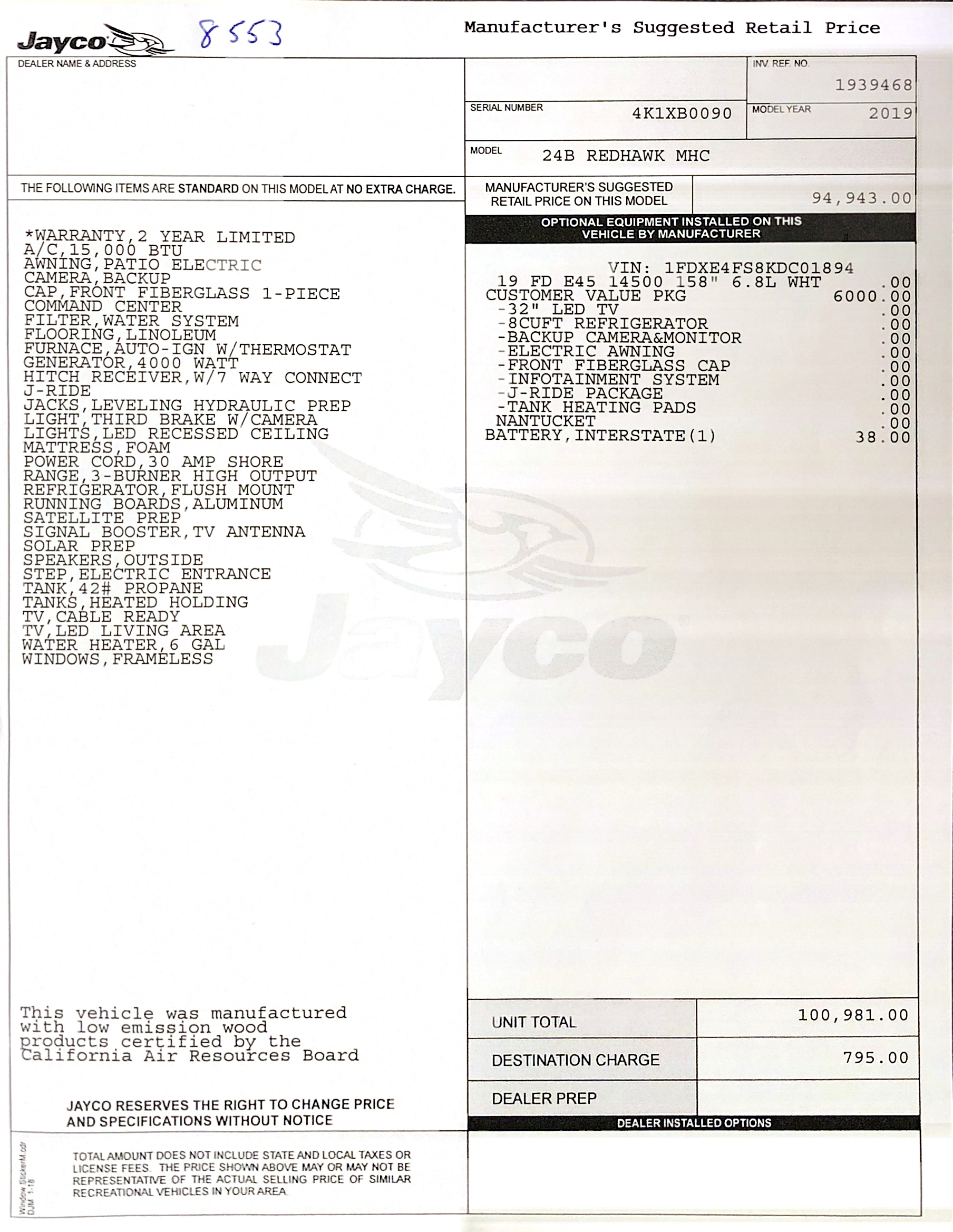 2019 Jayco Redhawk 24B MSRP Sheet