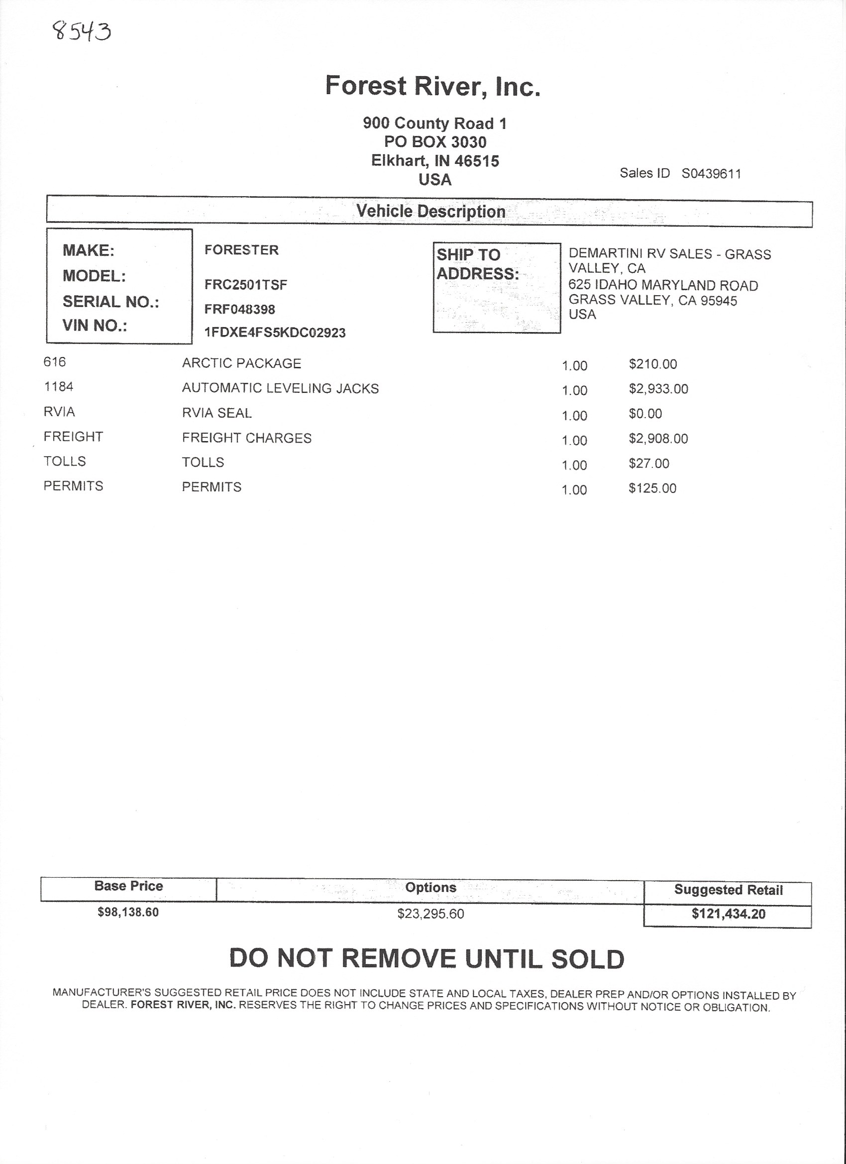 2019 Forest River Forester 2501TS MSRP Sheet