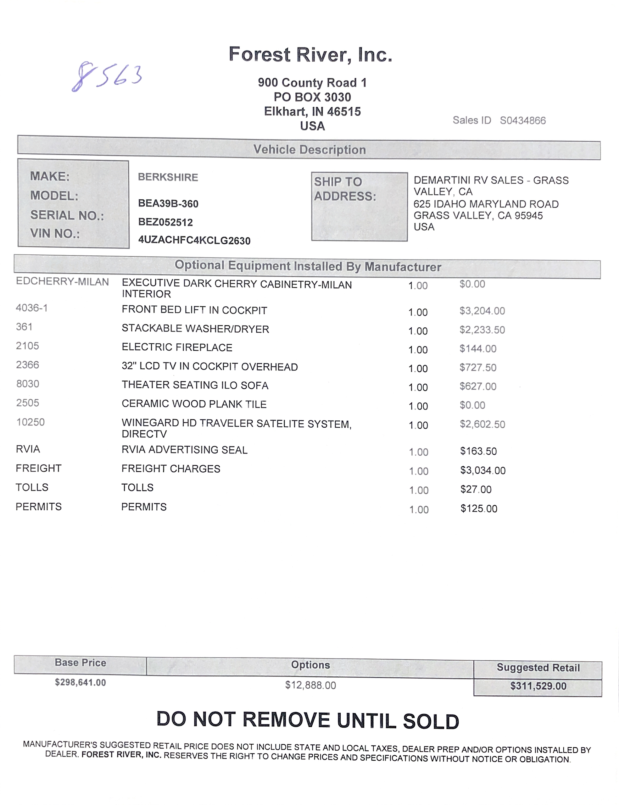 2019 Forest River Berkshire 39B MSRP Sheet