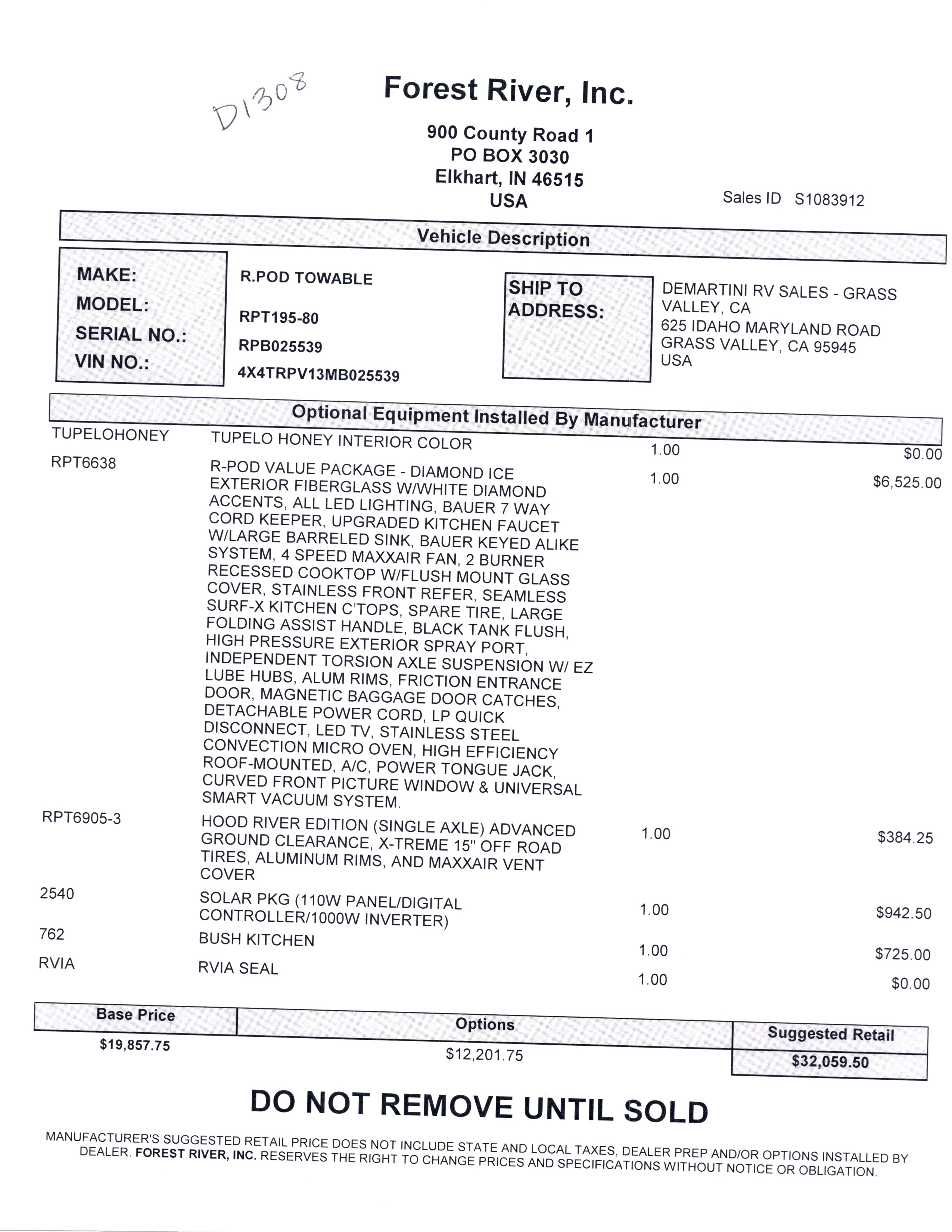 2021 Forest River R-Pod 195 MSRP Sheet