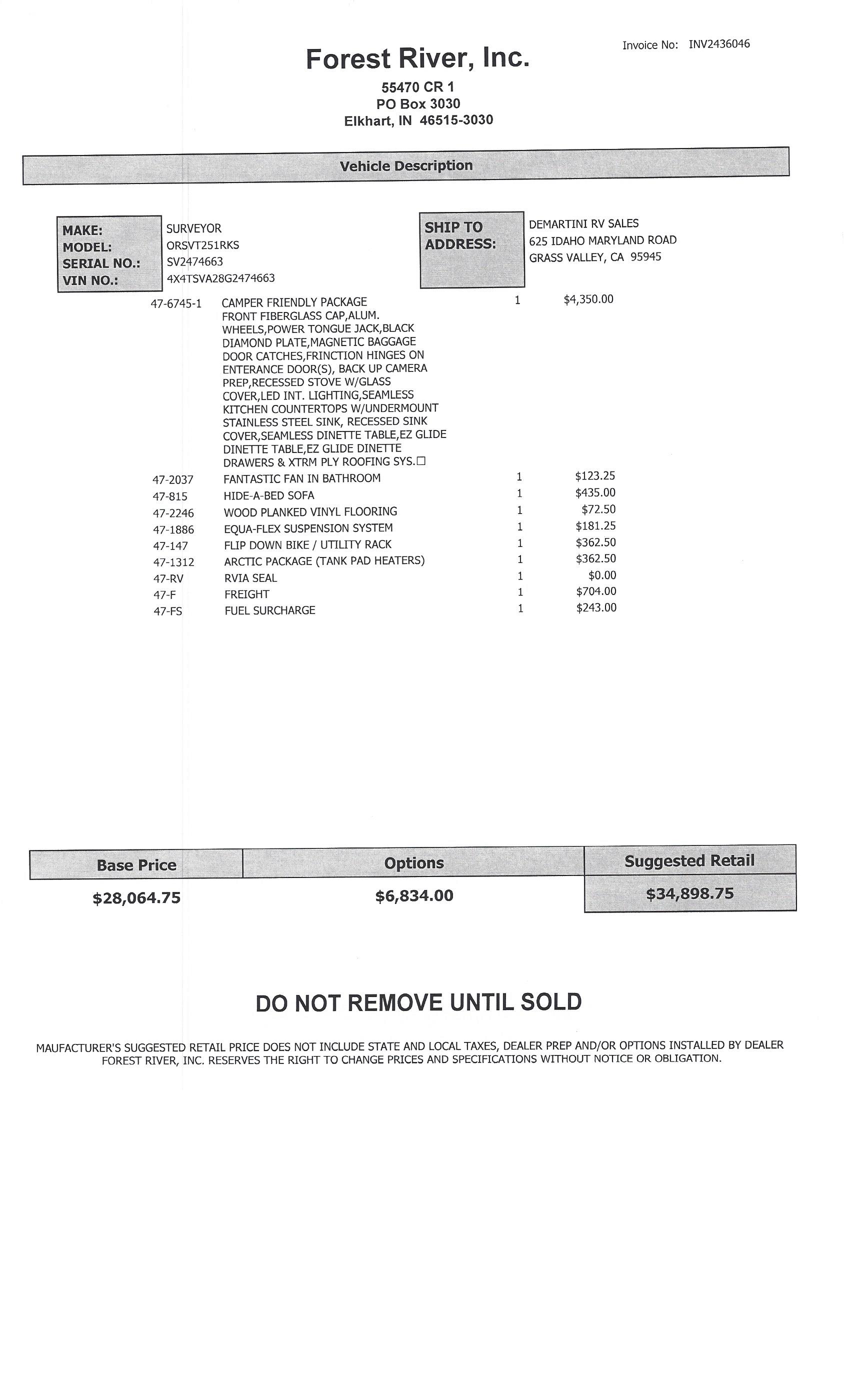 2016 Forest River Surveyor 251RK MSRP Sheet