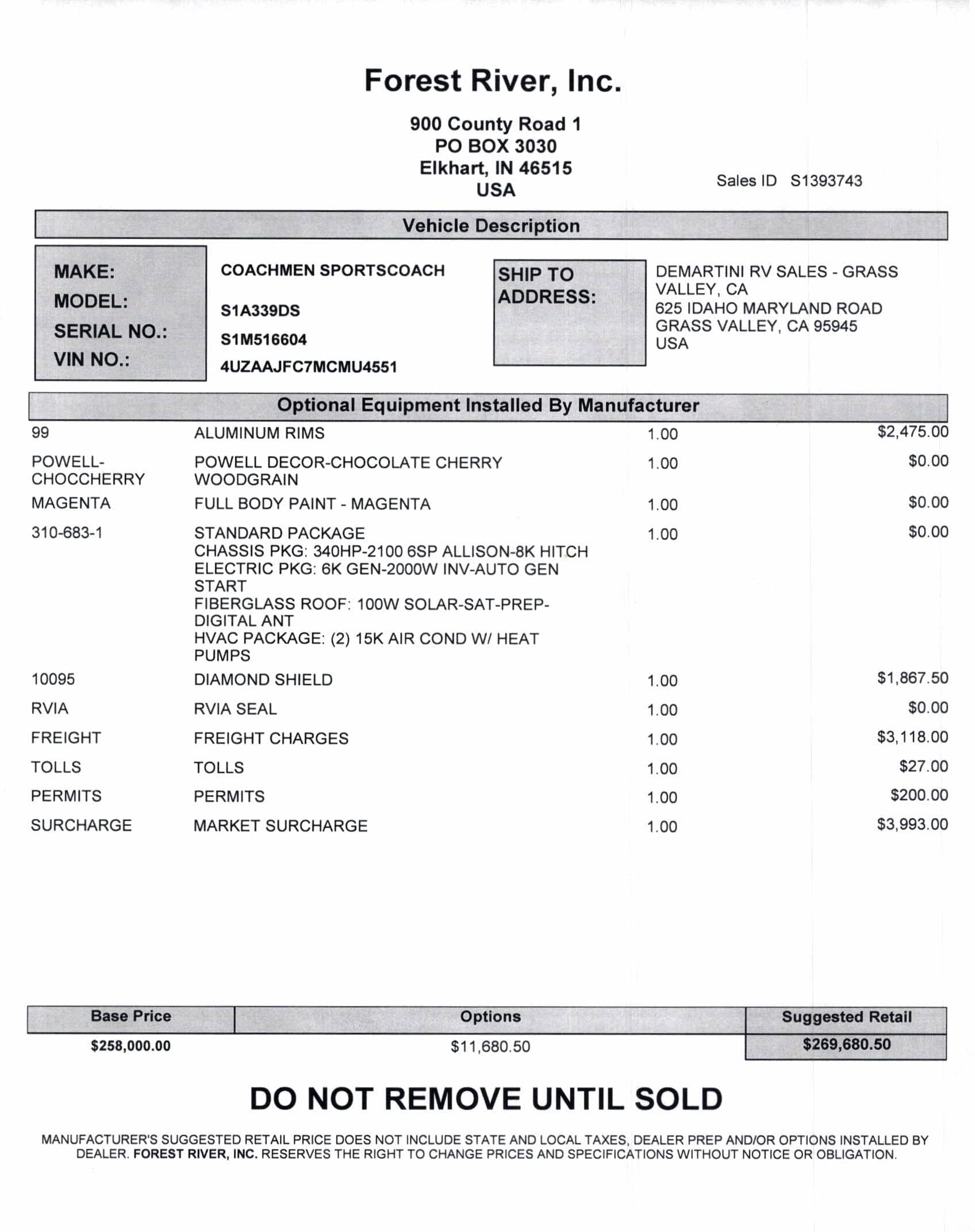 2022 Coachmen Sportscoach SRS 339DS MSRP Sheet