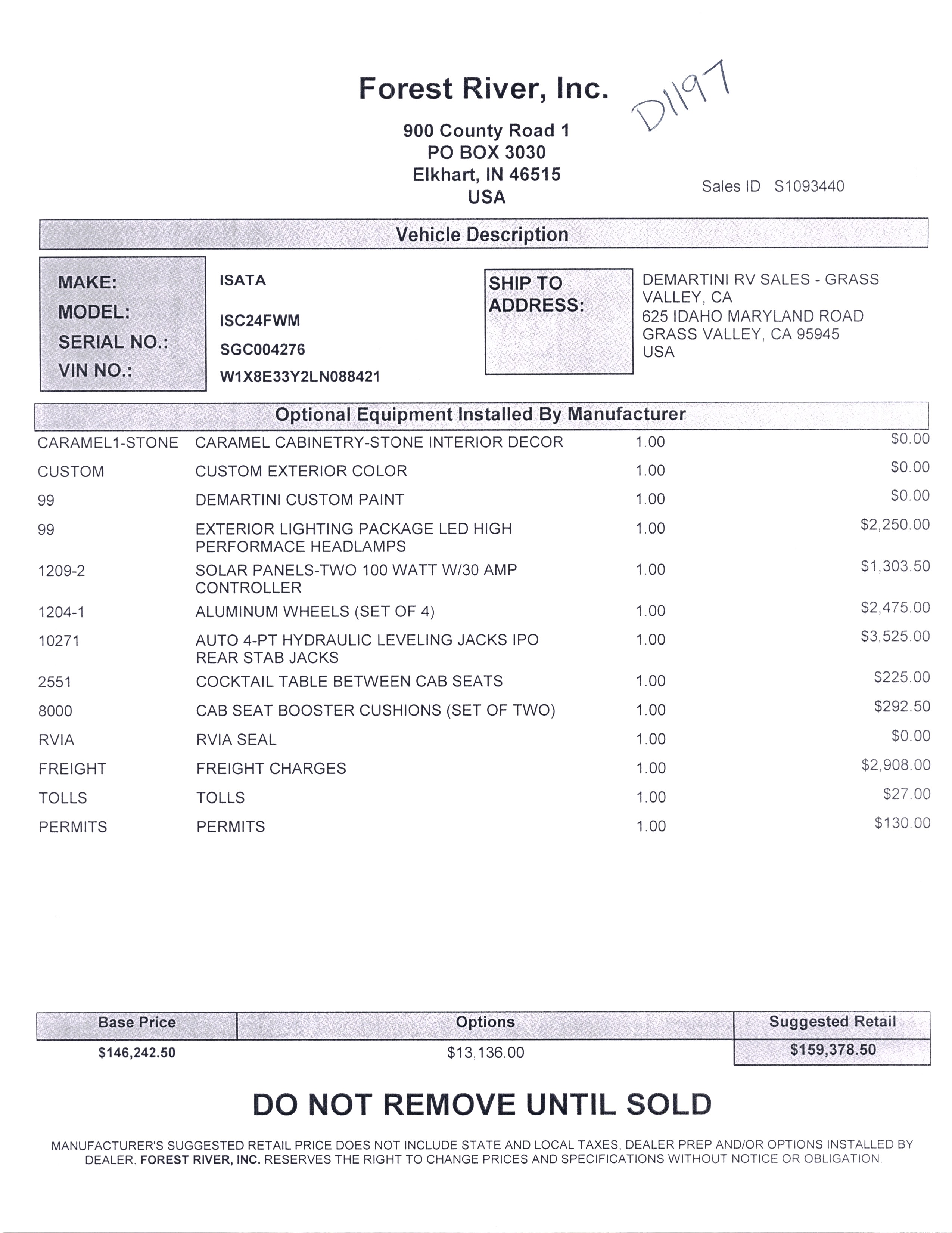 2021 Dynamax Isata 3 24FW MSRP Sheet