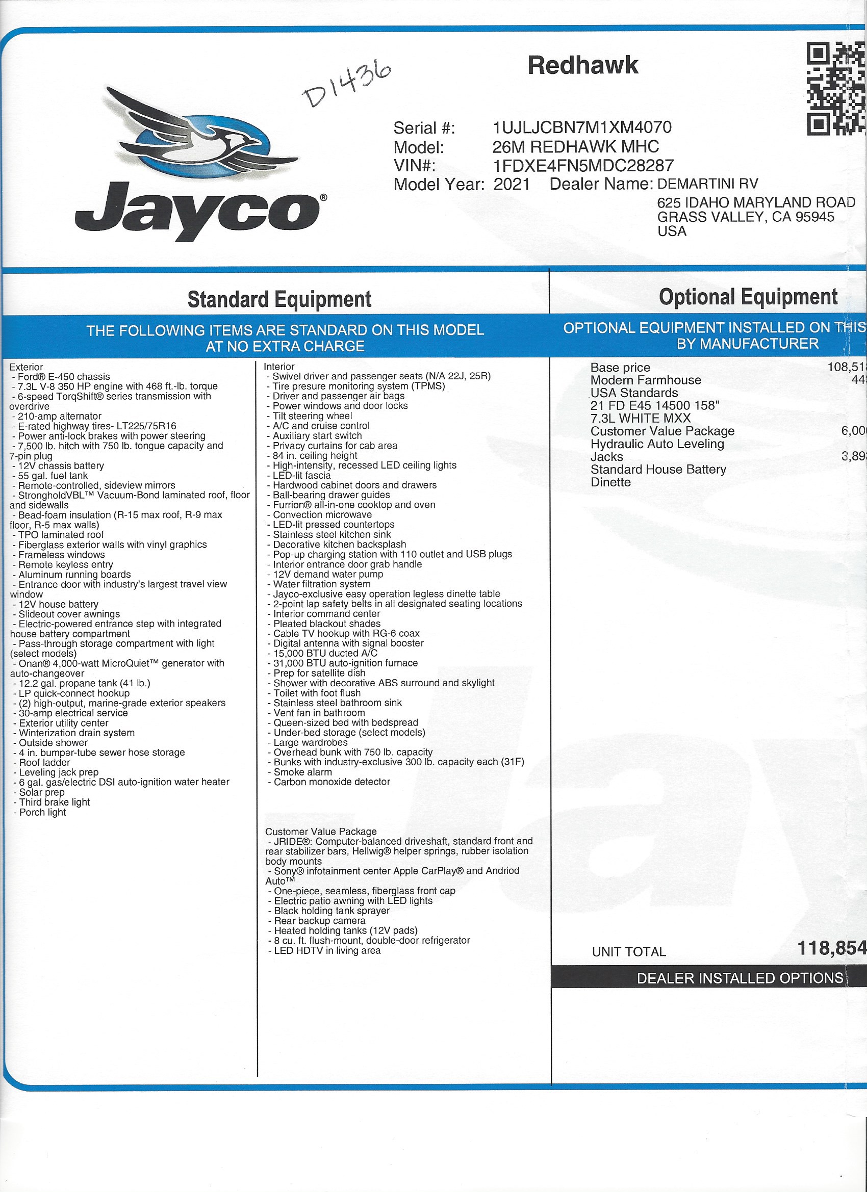 2021 Jayco Redhawk 26M MSRP Sheet