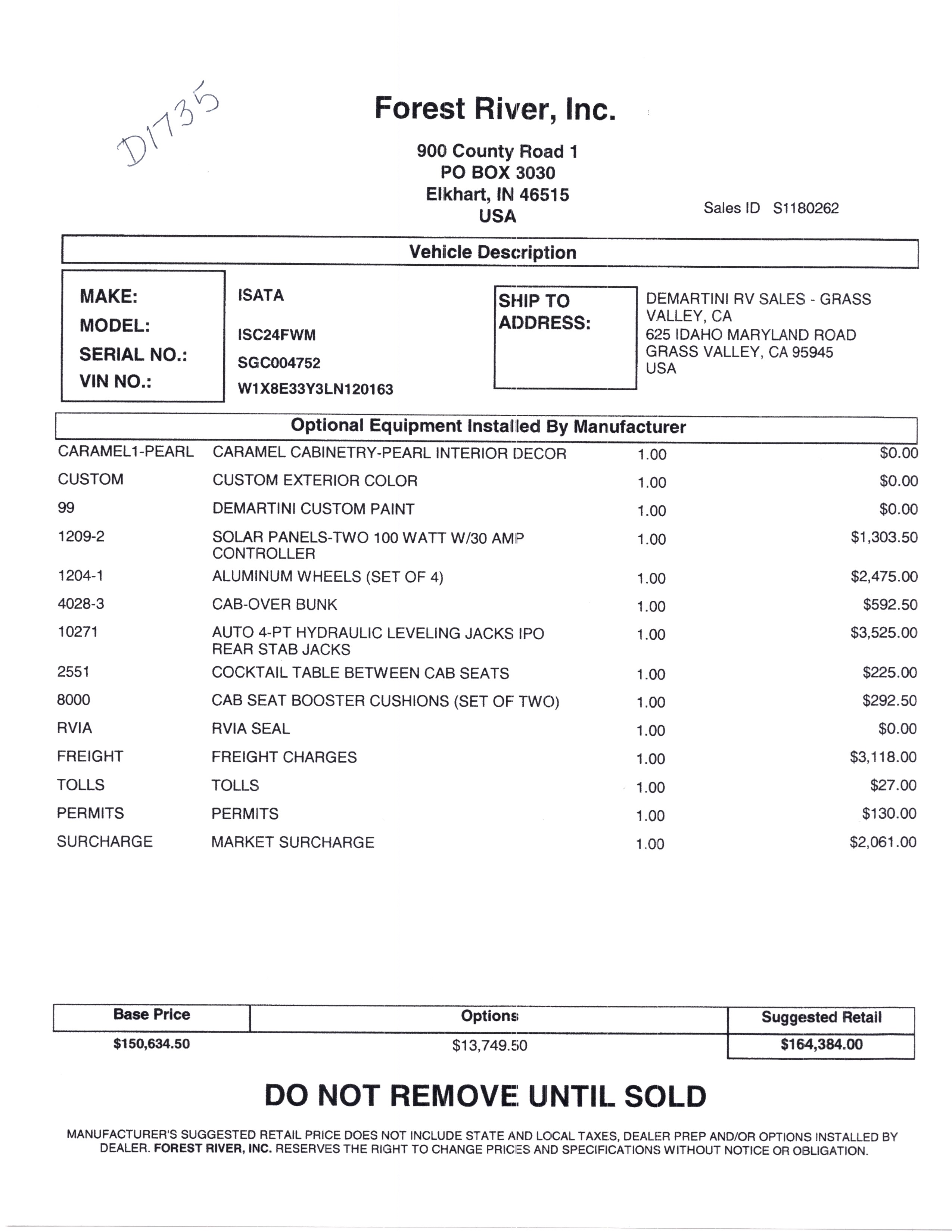 2021 Dynamax Isata 3 24FW MSRP Sheet