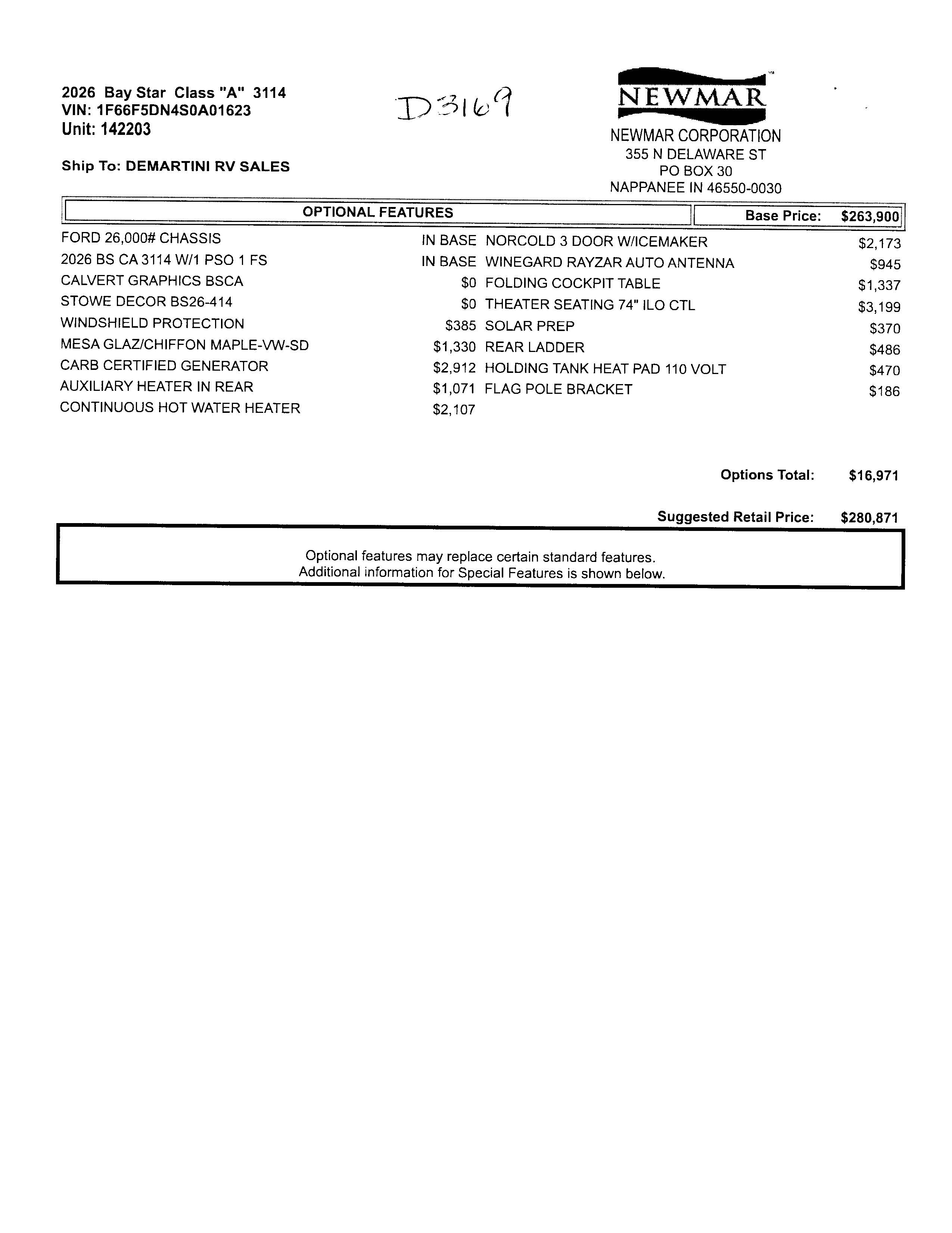 2026 Newmar Bay Star 3114 MSRP Sheet