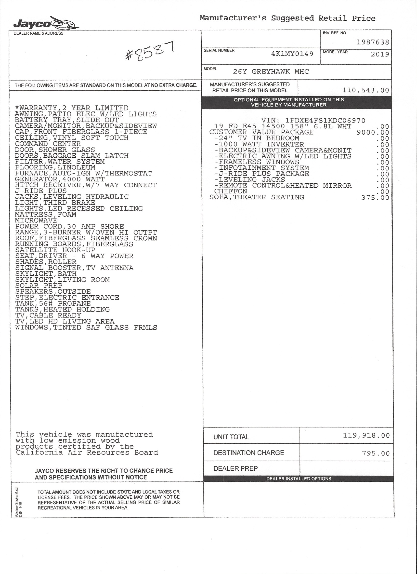 2019 Jayco Greyhawk 26Y MSRP Sheet