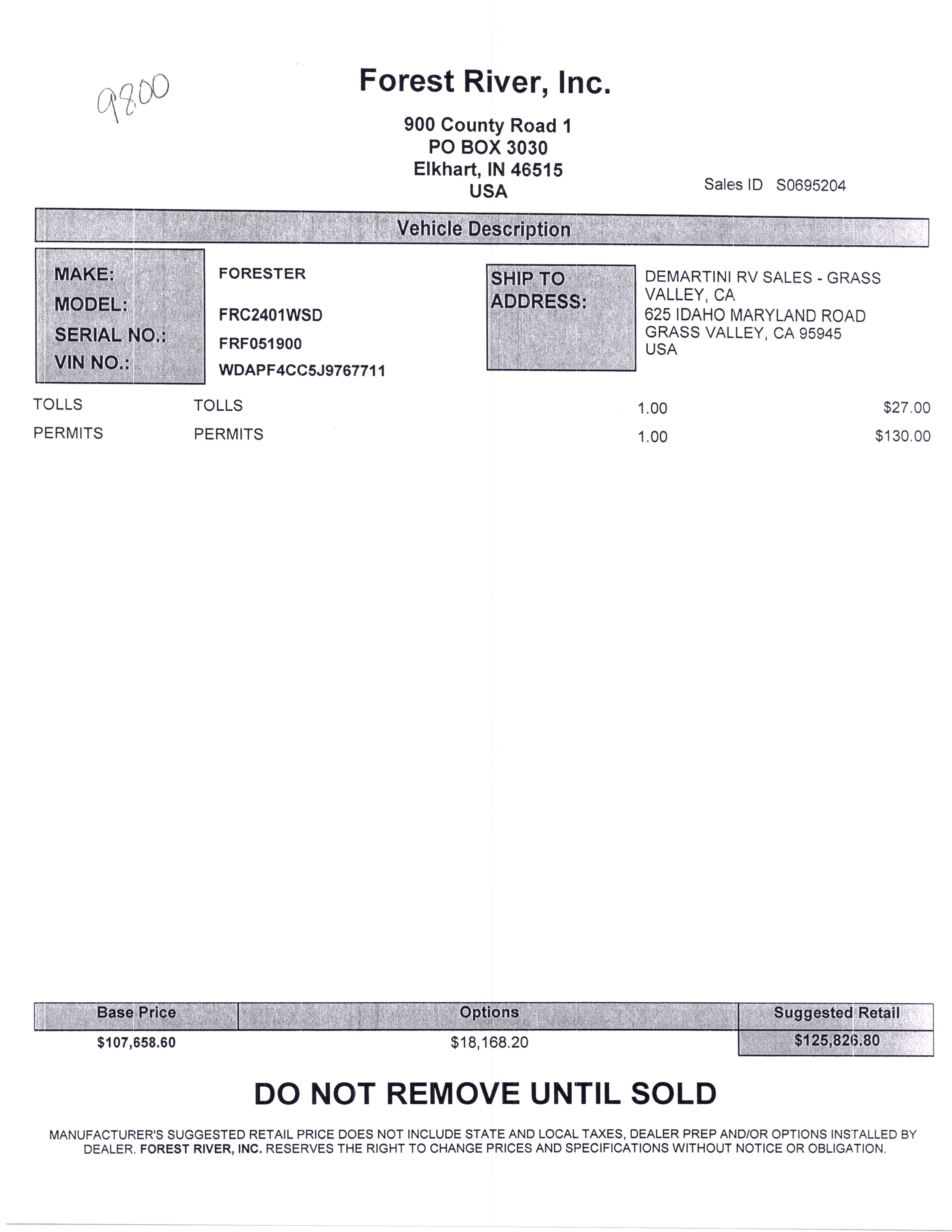 2020 Forest River Forester MBS 2401W MSRP Sheet