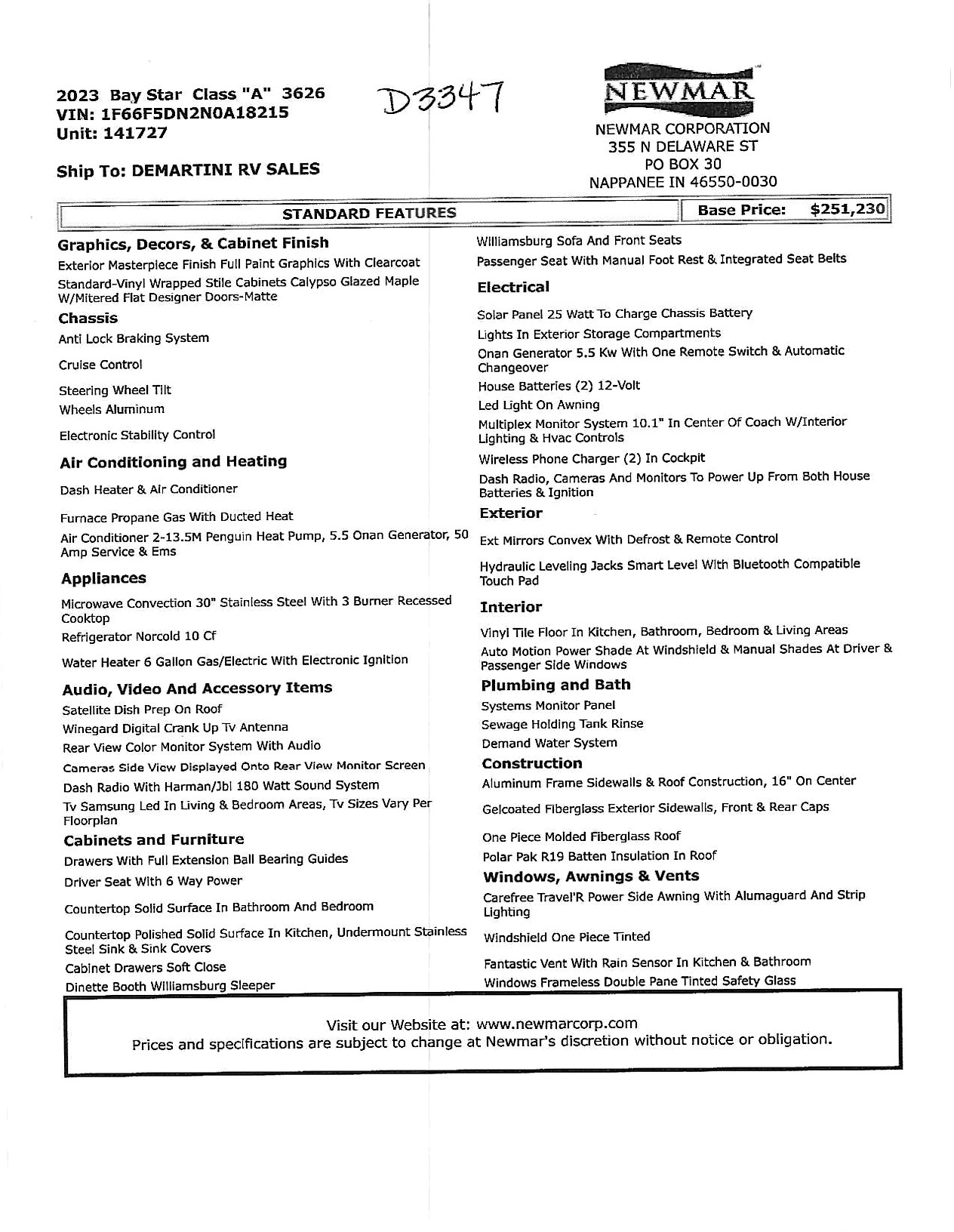 2023 Newmar Baystar 3626 MSRP Sheet