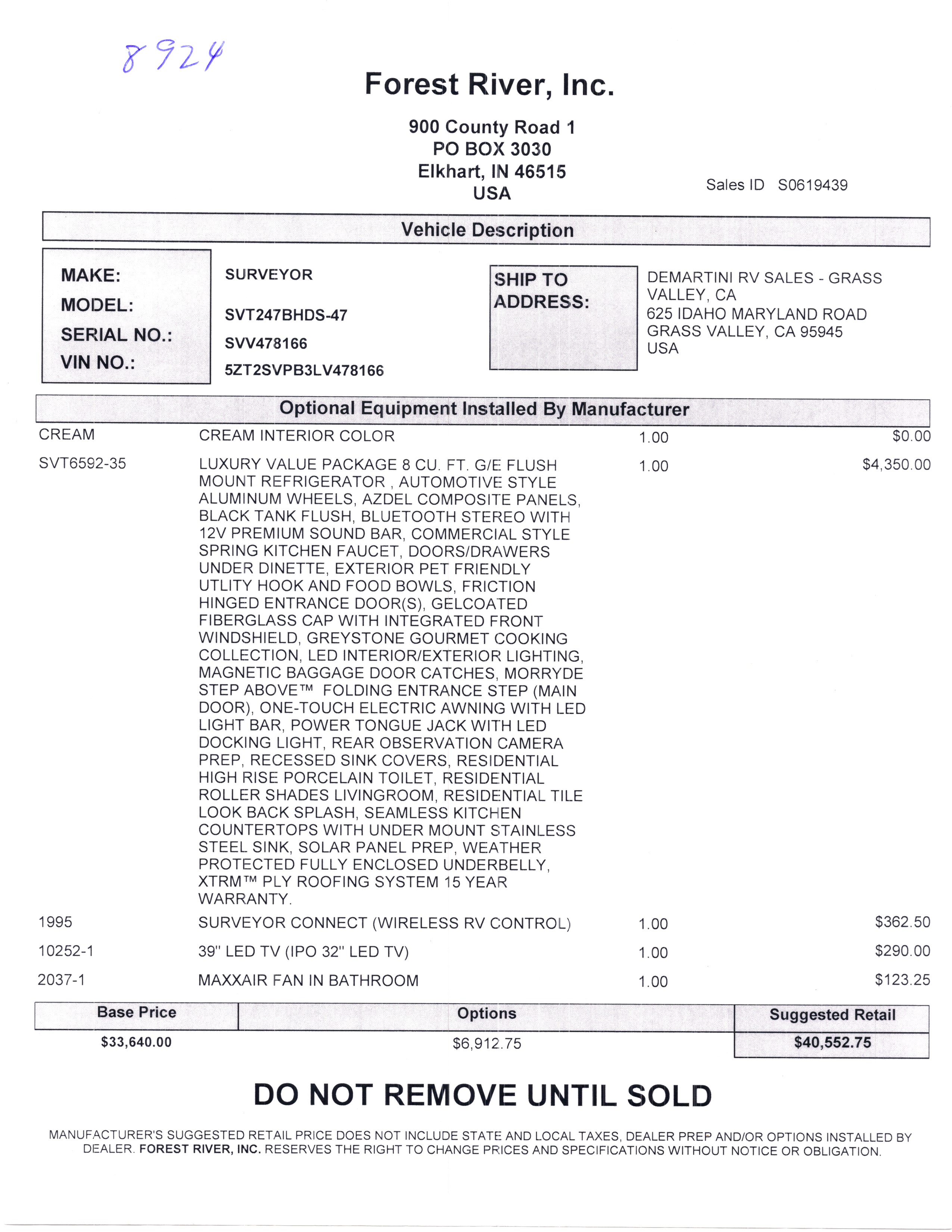 2020 Forest River Surveyor Luxury 247BHDS MSRP Sheet