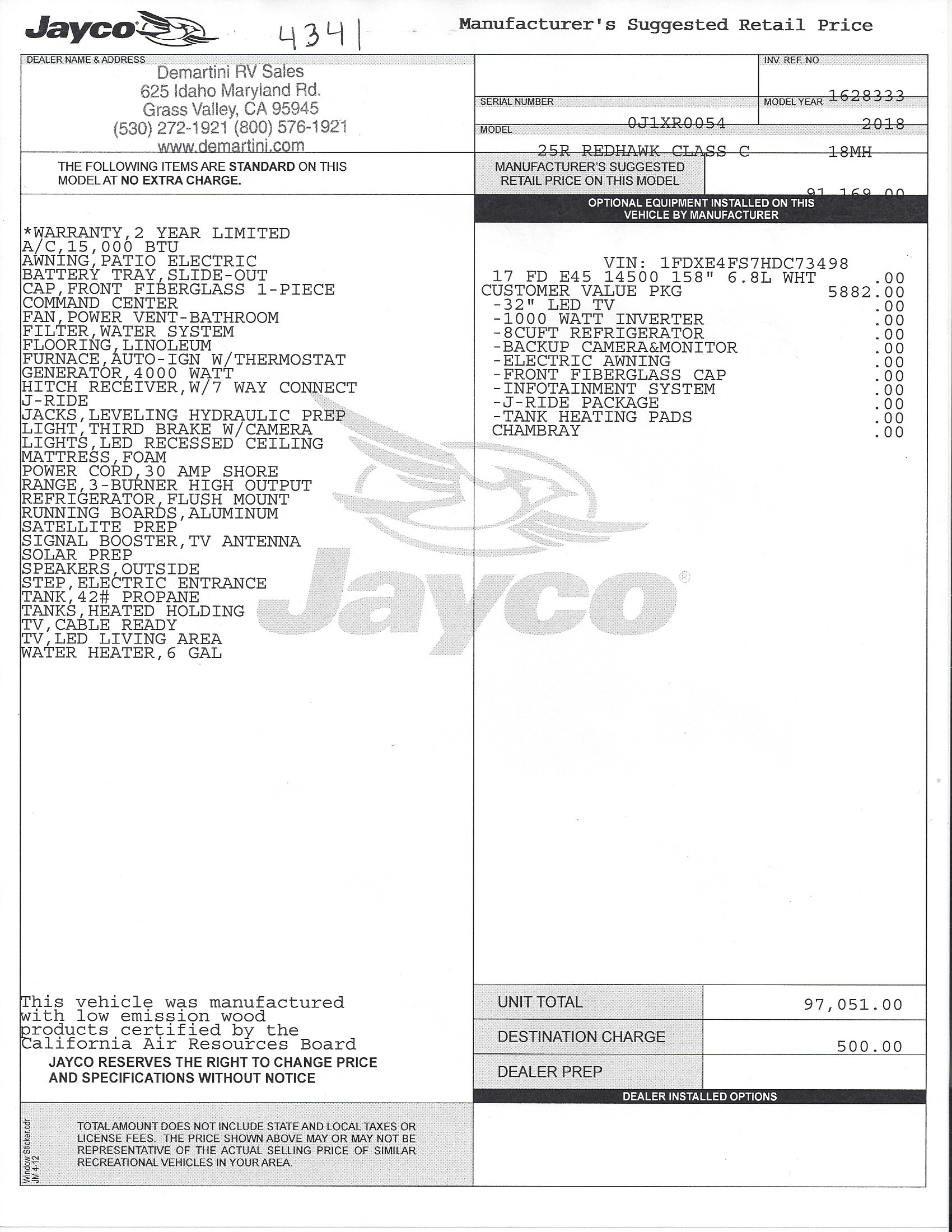 2018 Jayco Redhawk 25R MSRP Sheet