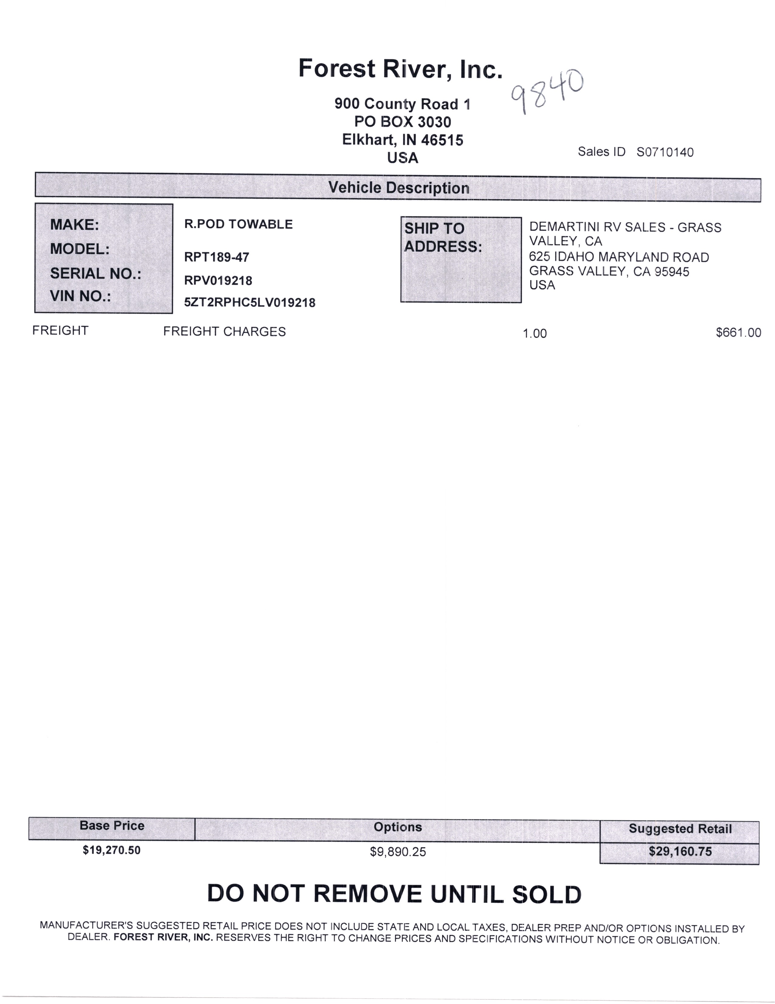 2020 Forest River R-Pod 189 MSRP Sheet