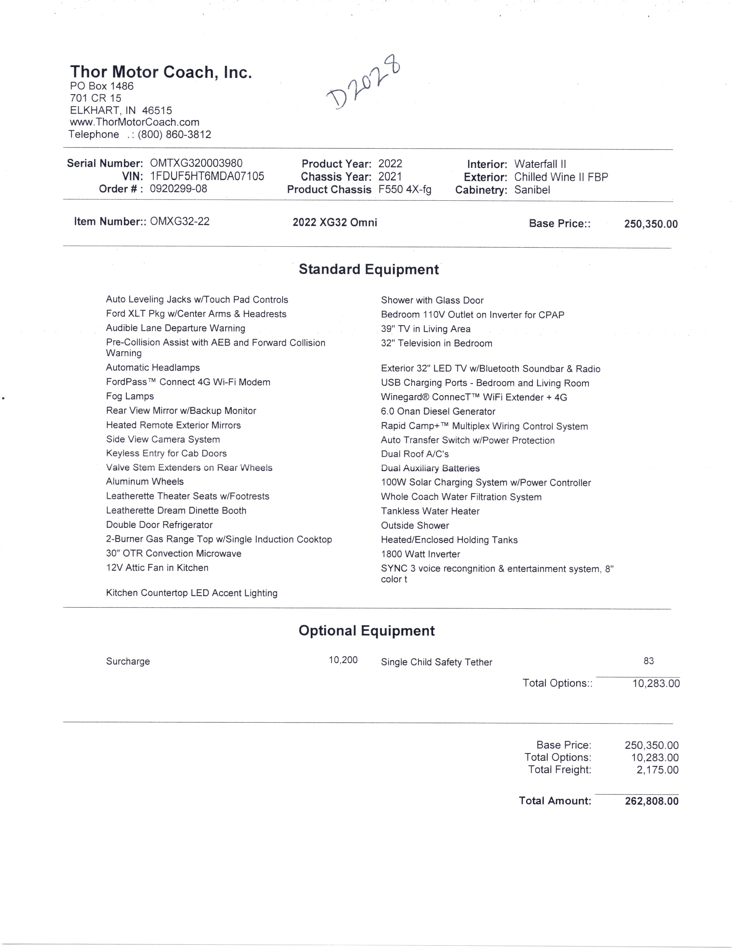 2022 Thor Omni XG32 MSRP Sheet