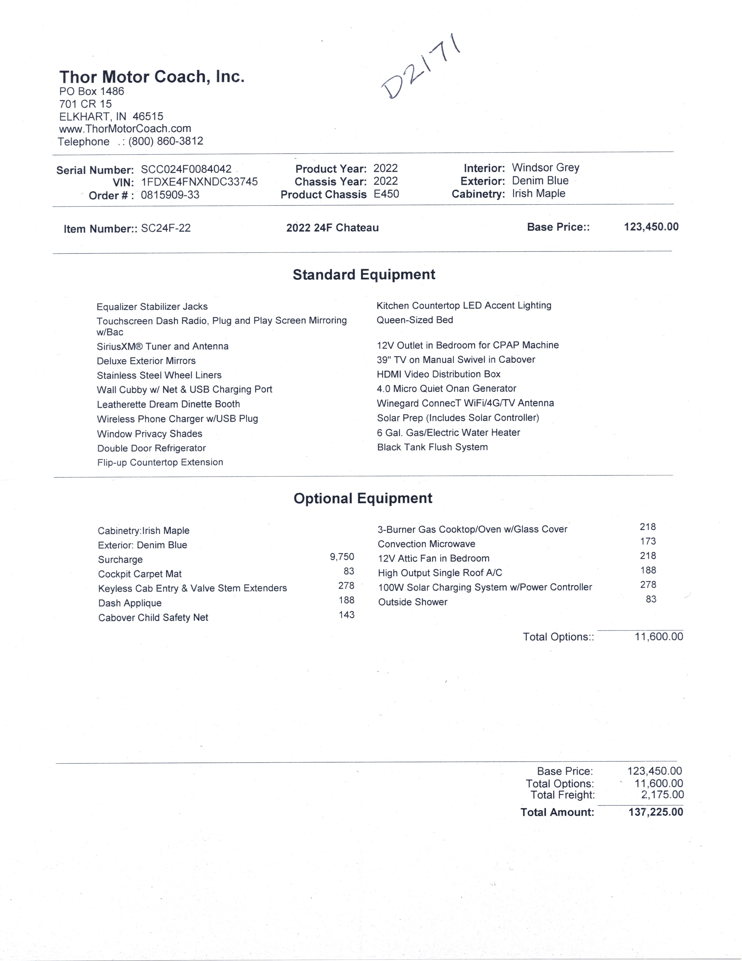 2022 Thor Chateau 24F MSRP Sheet