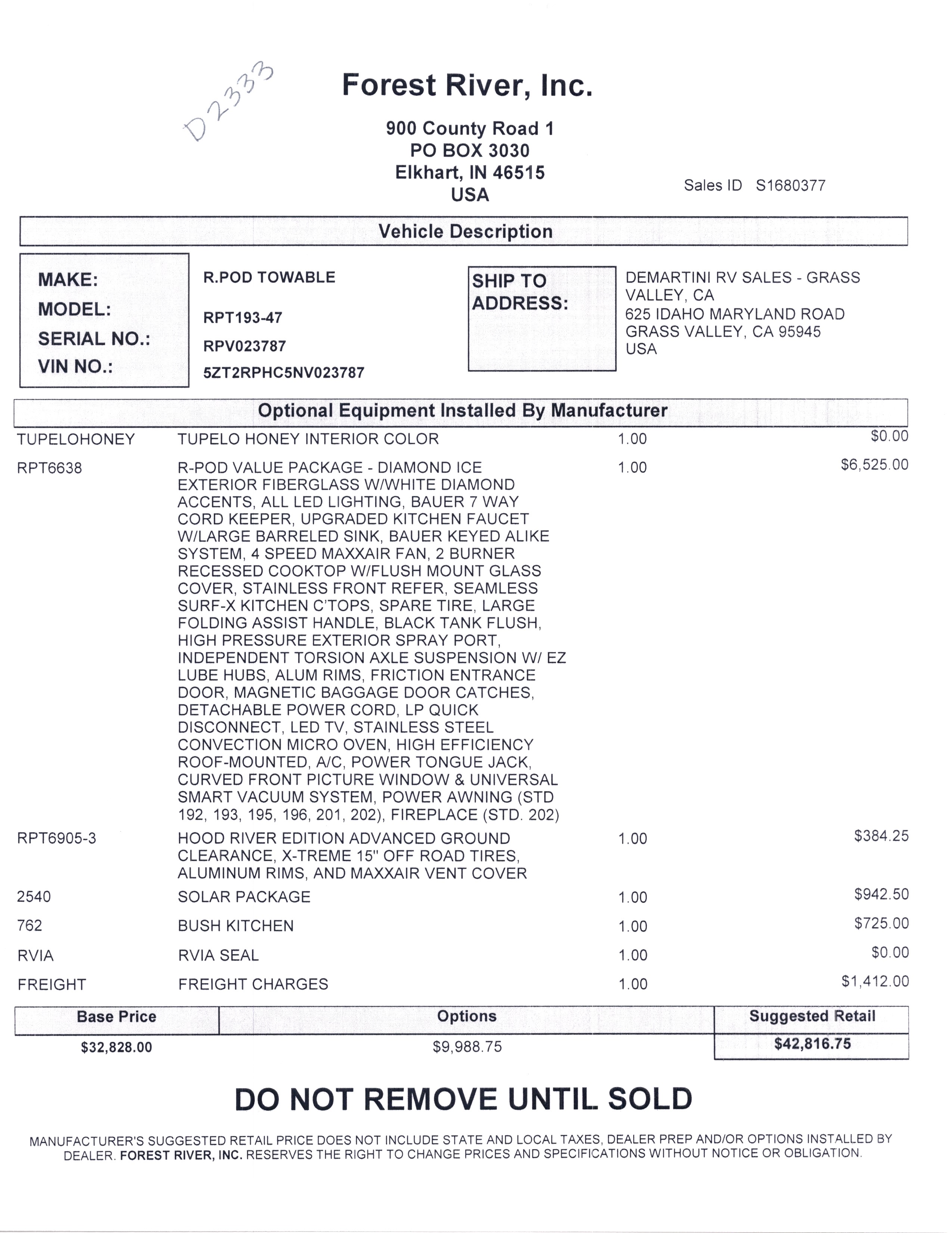 2022 Forest River R-Pod 193 MSRP Sheet