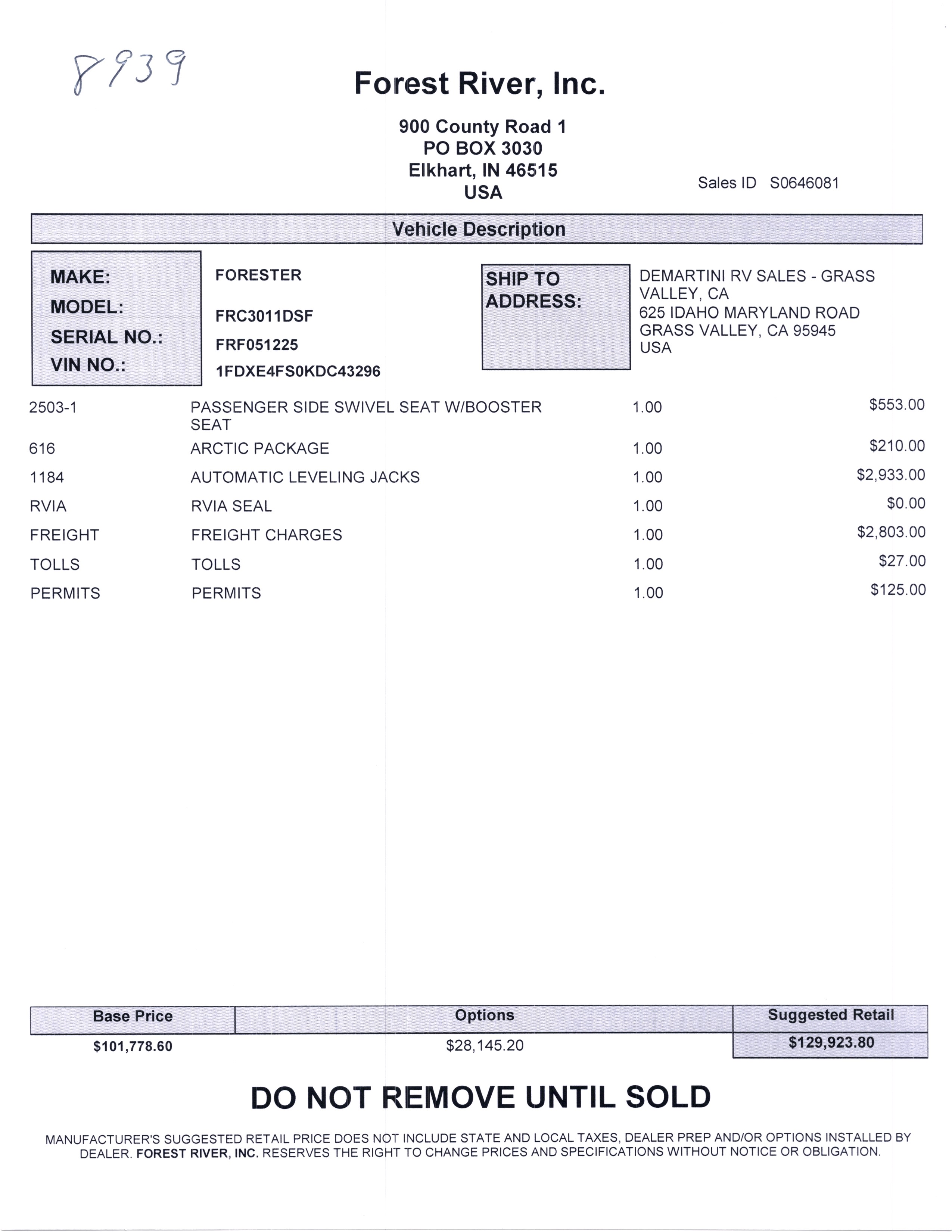 2020 Forest River Forester 3011DS MSRP Sheet