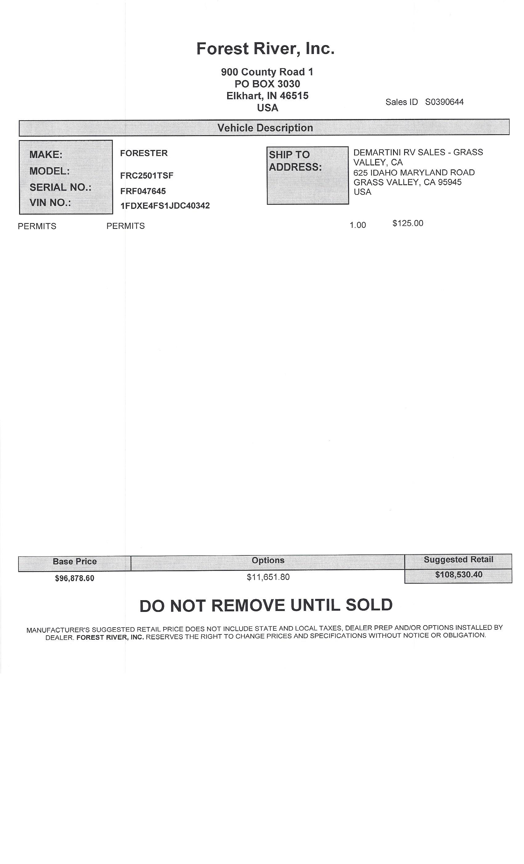 2019 Forest River Forester 2501TS MSRP Sheet