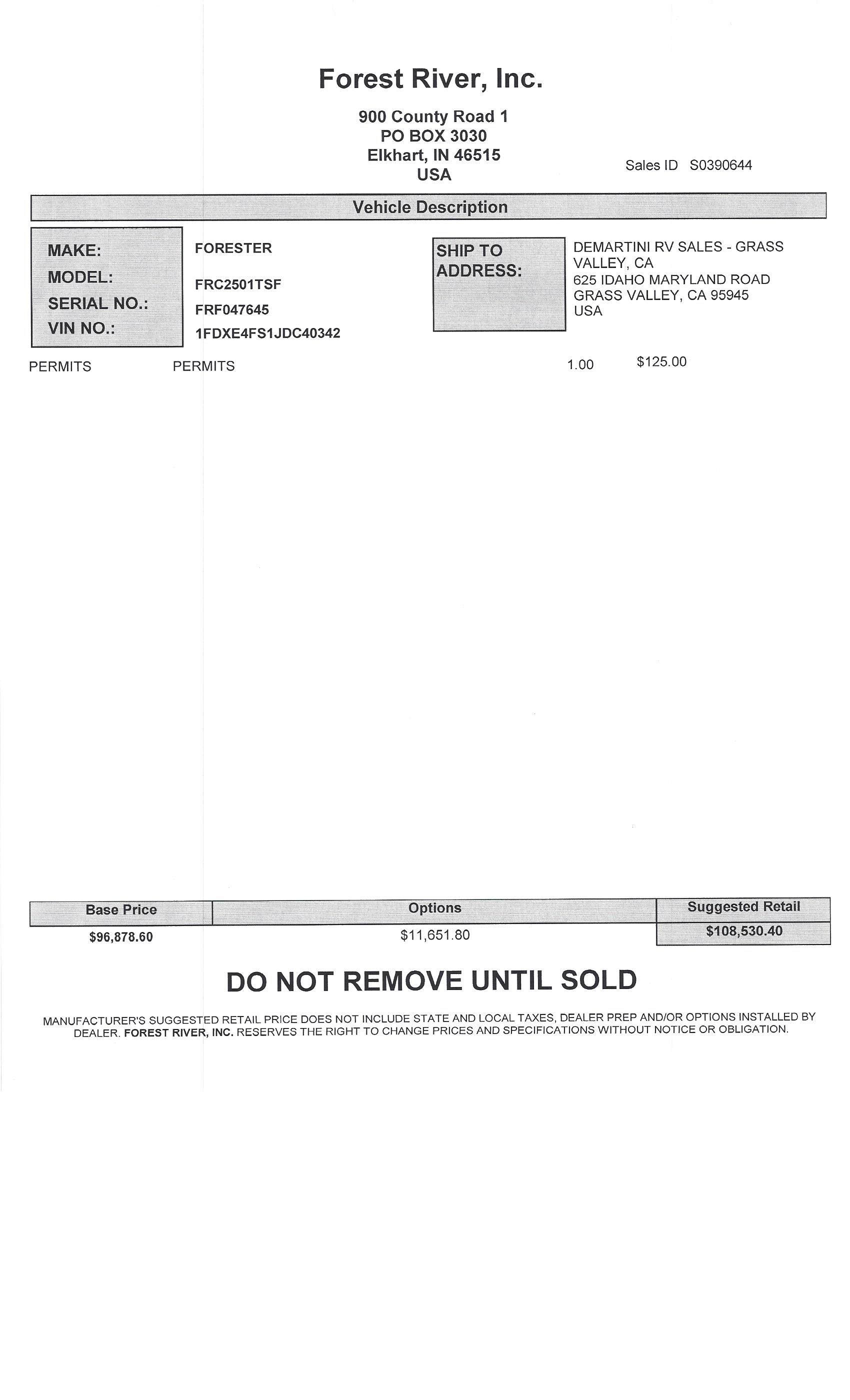 2019 Forest River Forester 2501TS MSRP Sheet