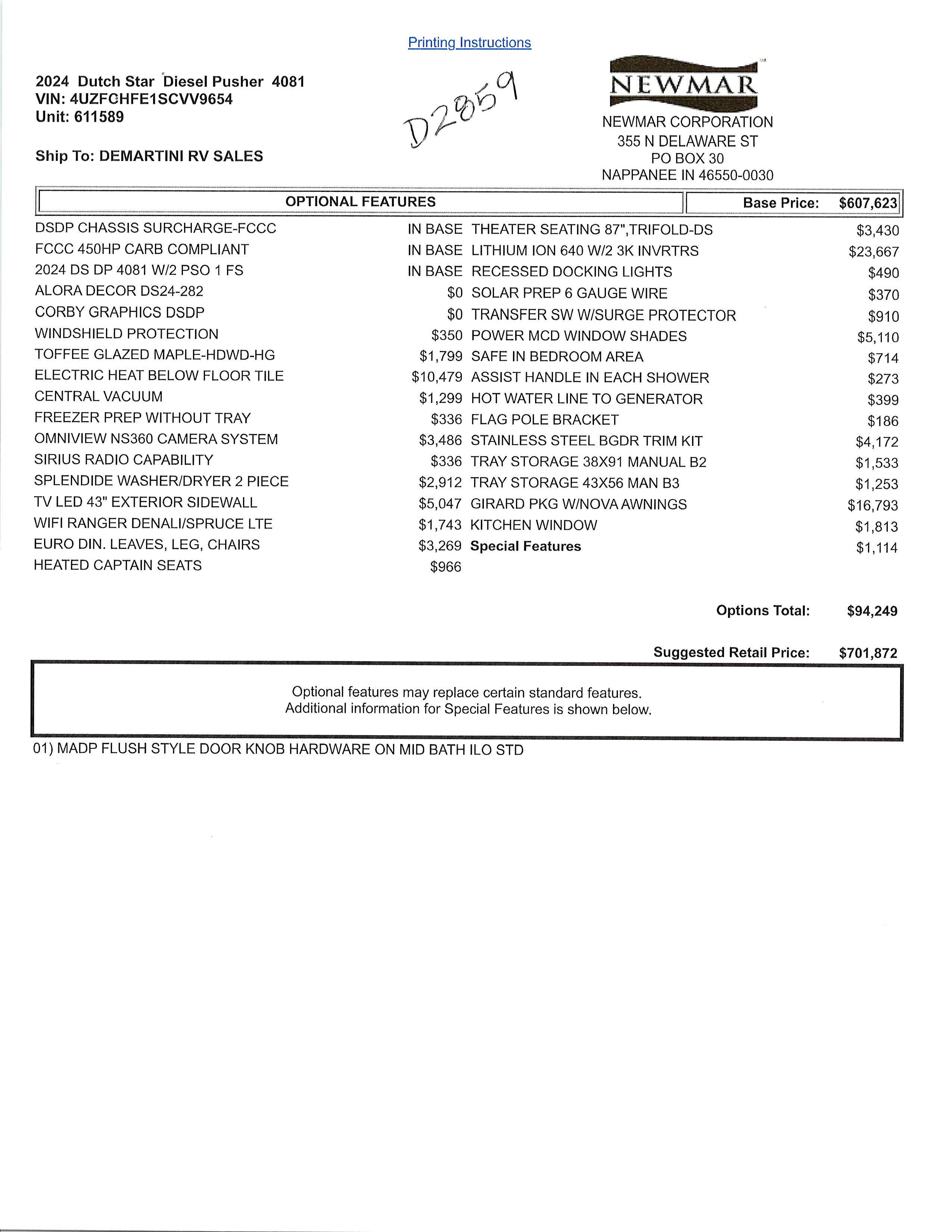 2024 Newmar Dutch Star 4081 MSRP Sheet