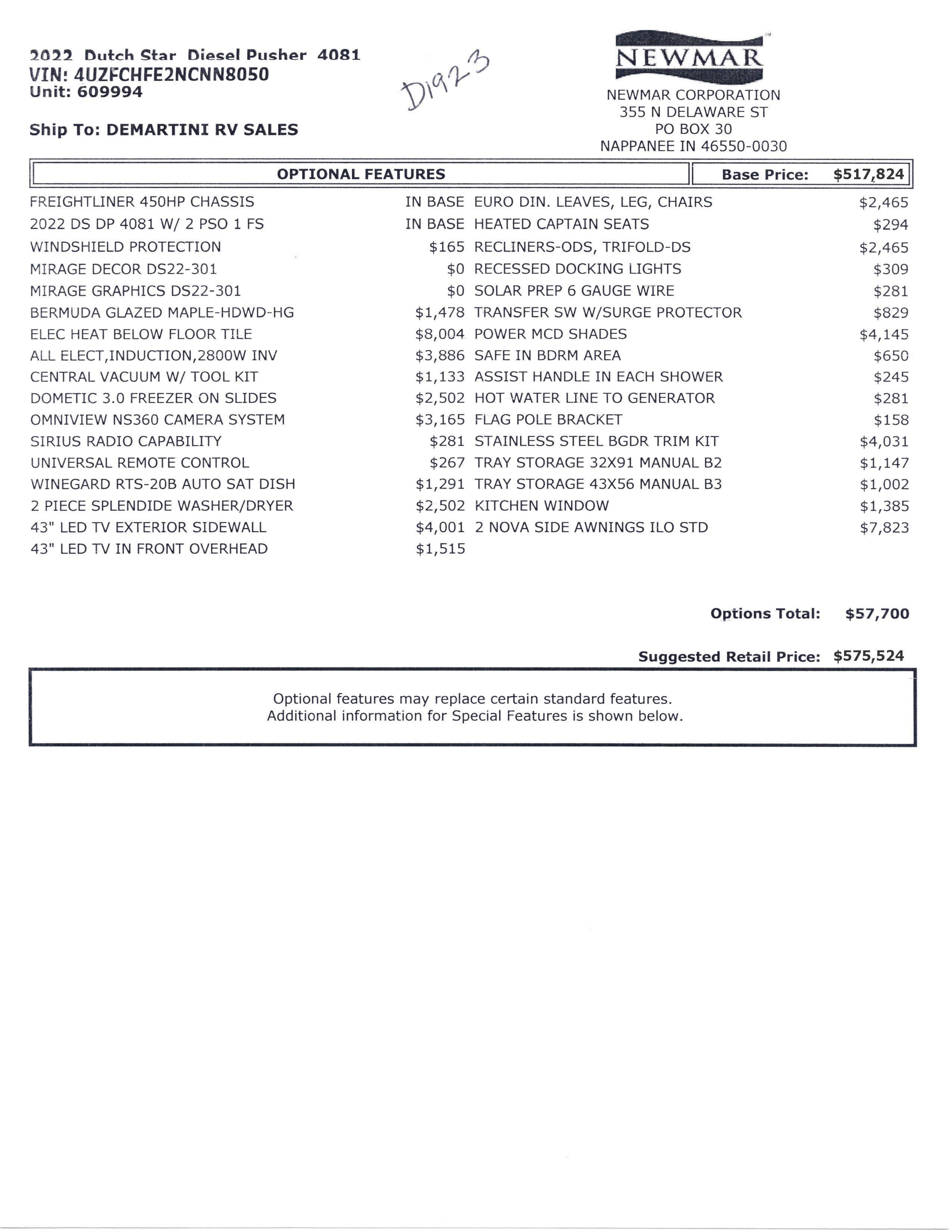 2022 Newmar Dutch Star 4081 MSRP Sheet