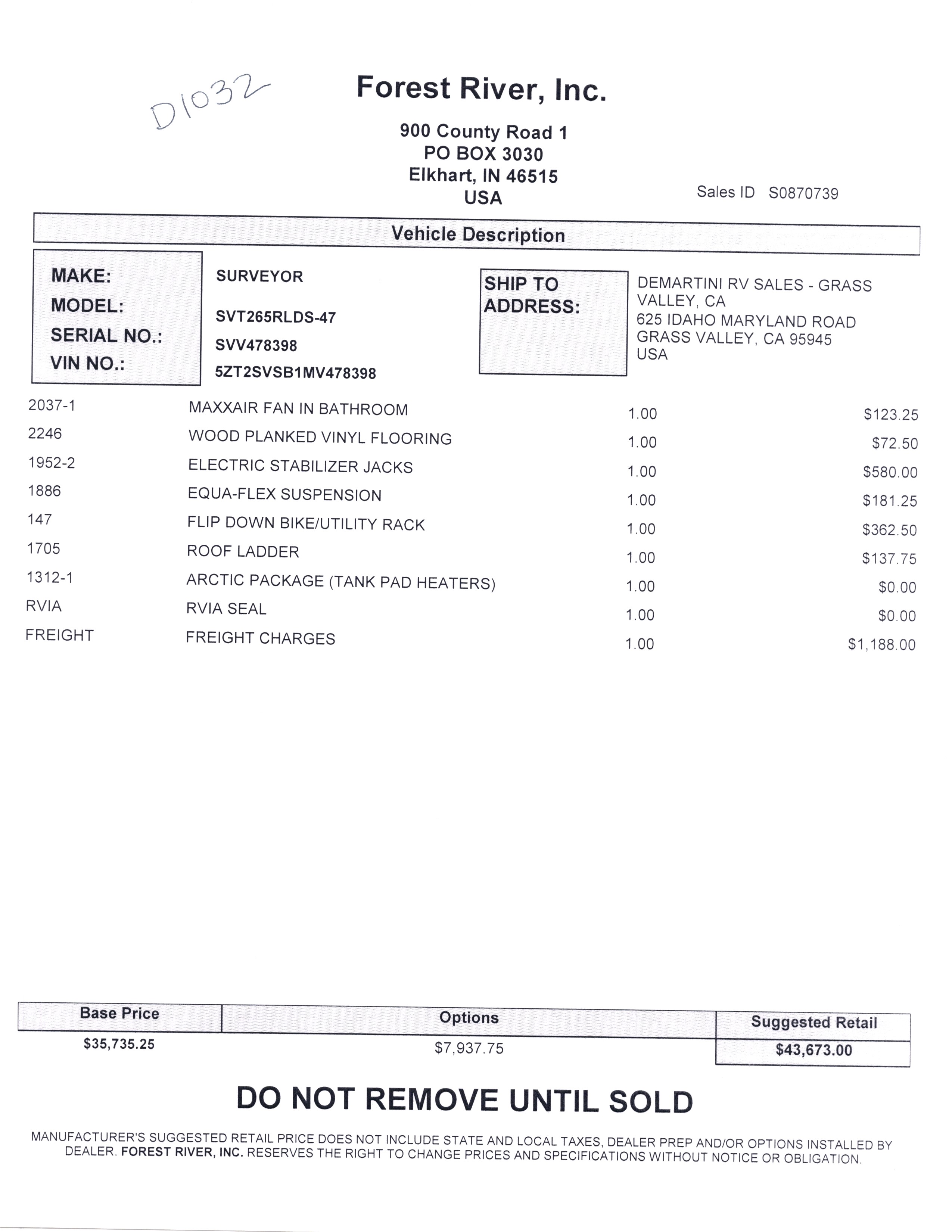 2021 Forest River Surveyor Luxury 265RLDS MSRP Sheet