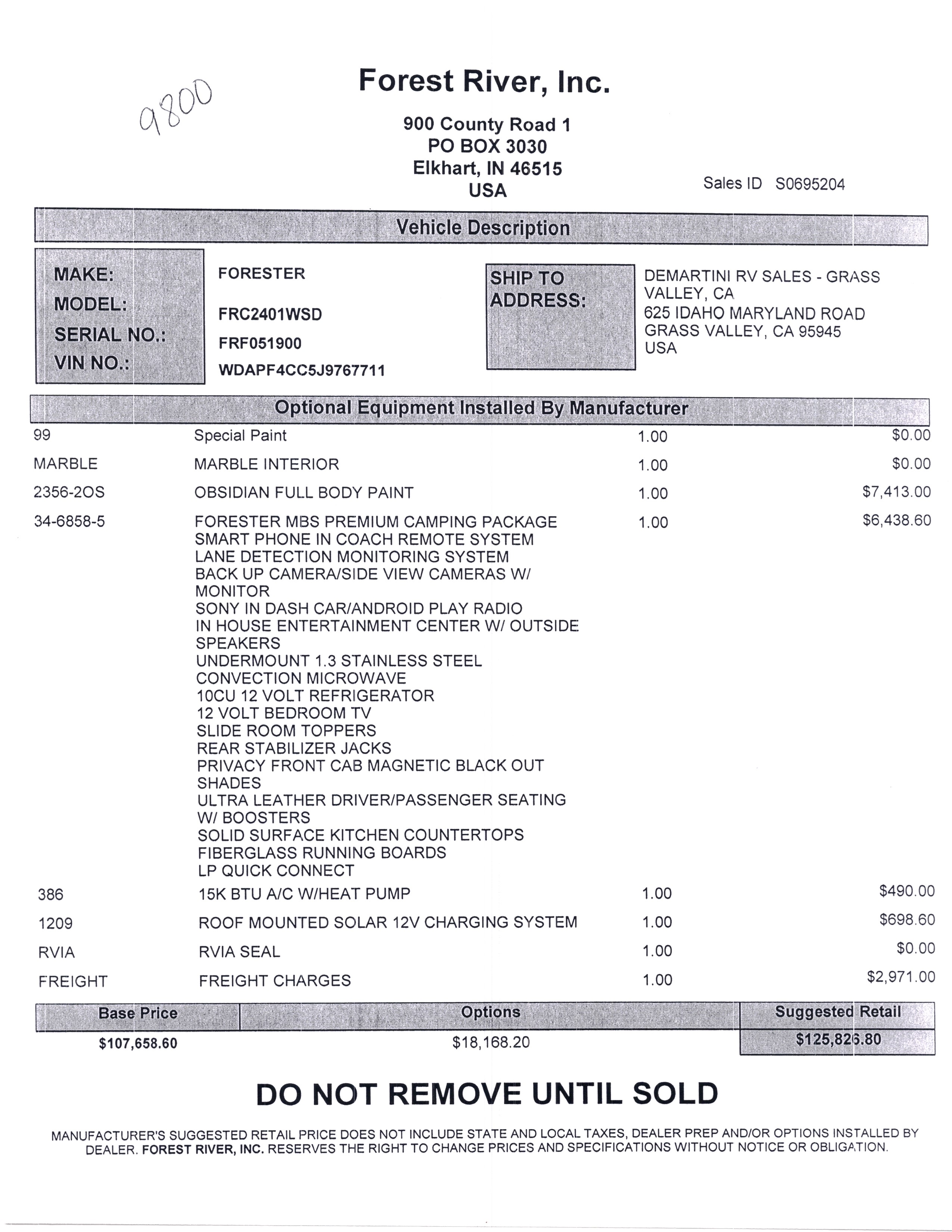2020 Forest River Forester MBS 2401W MSRP Sheet