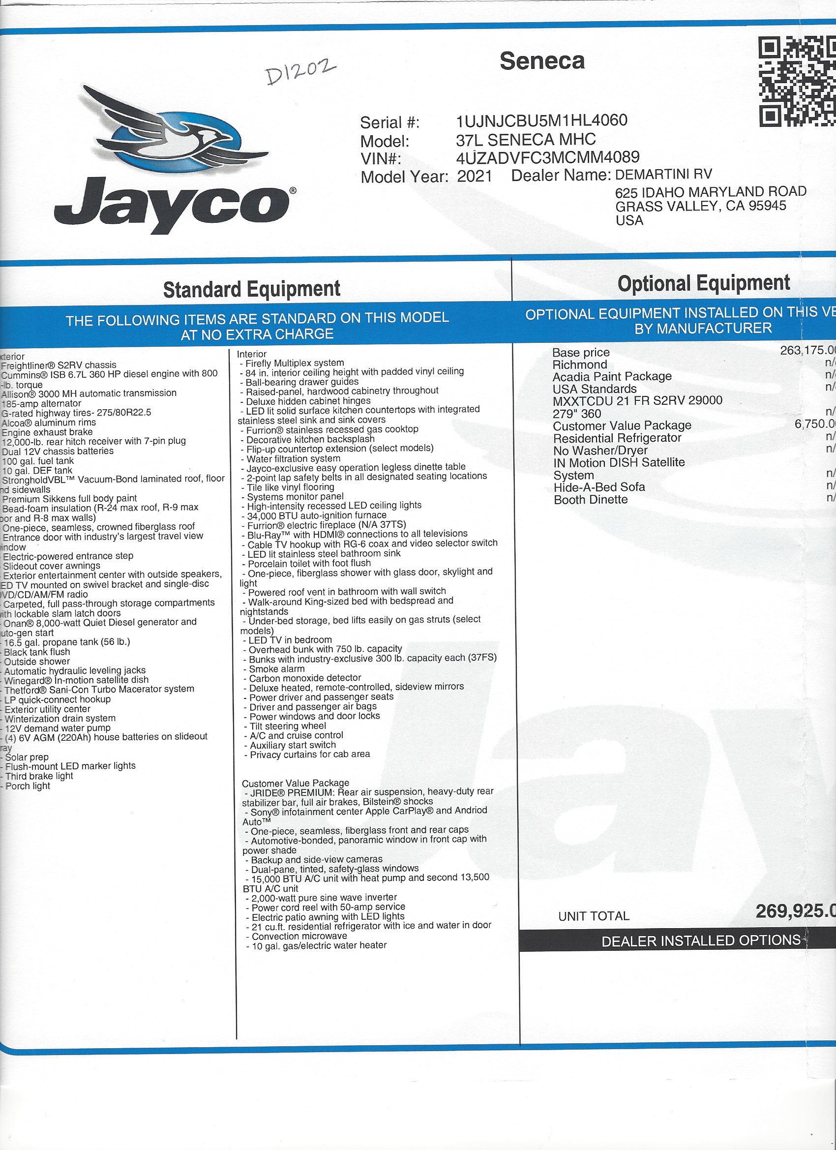 2021 Jayco Seneca 37L MSRP Sheet