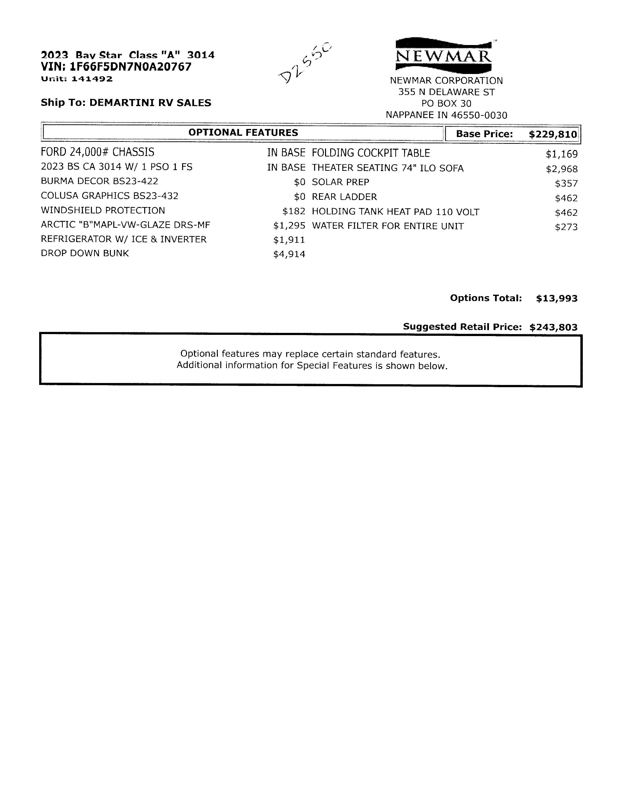 2023 Newmar Bay Star 3014 MSRP Sheet