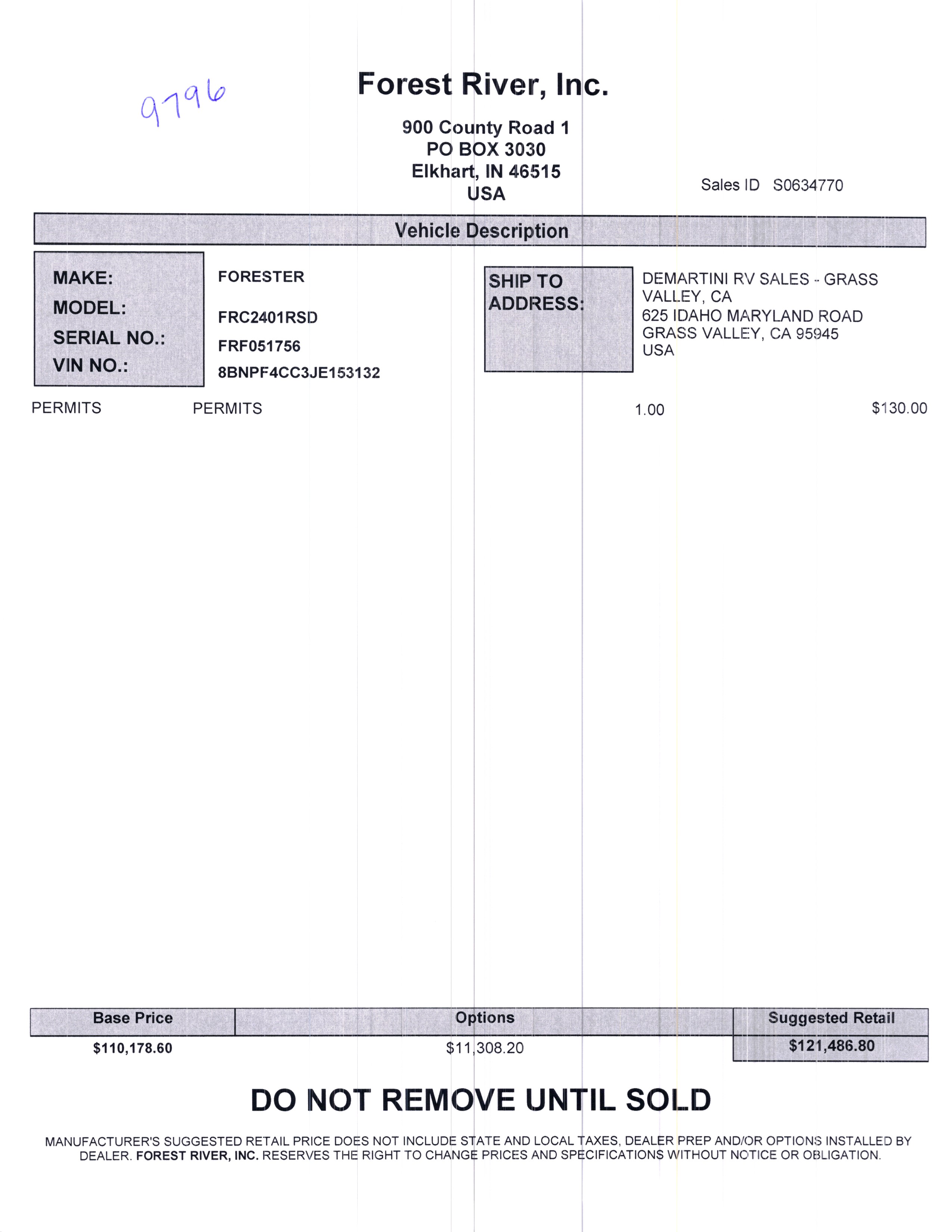 2020 Forest River Forester MBS 2401R MSRP Sheet