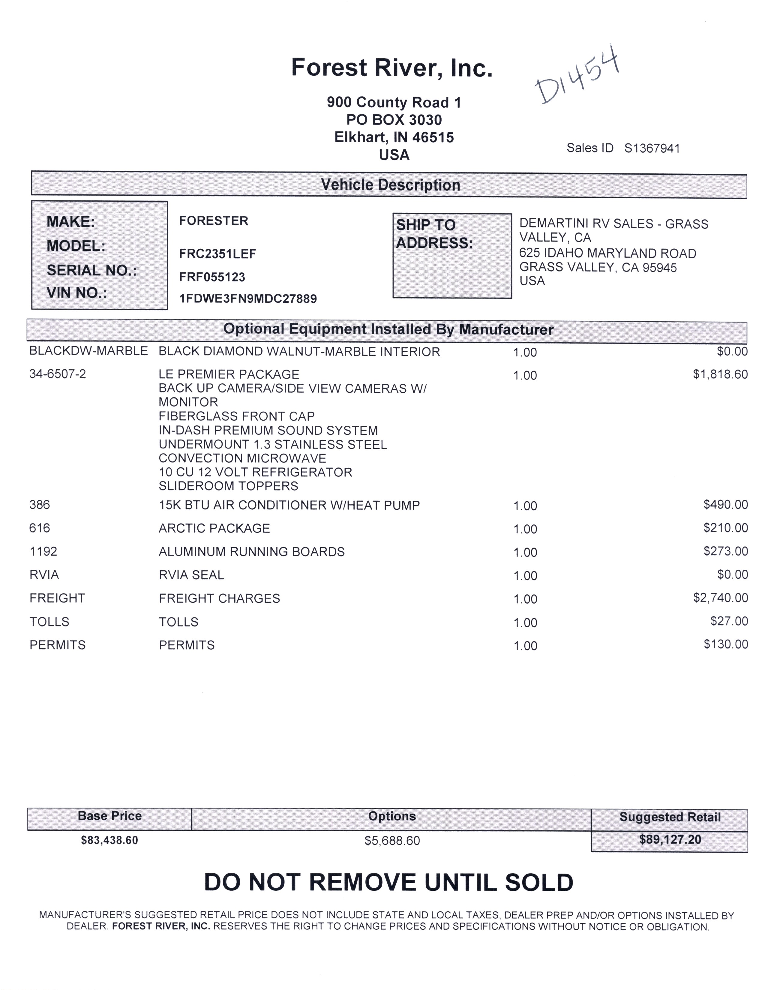 2021 Forest River Forester LE 2351LE MSRP Sheet