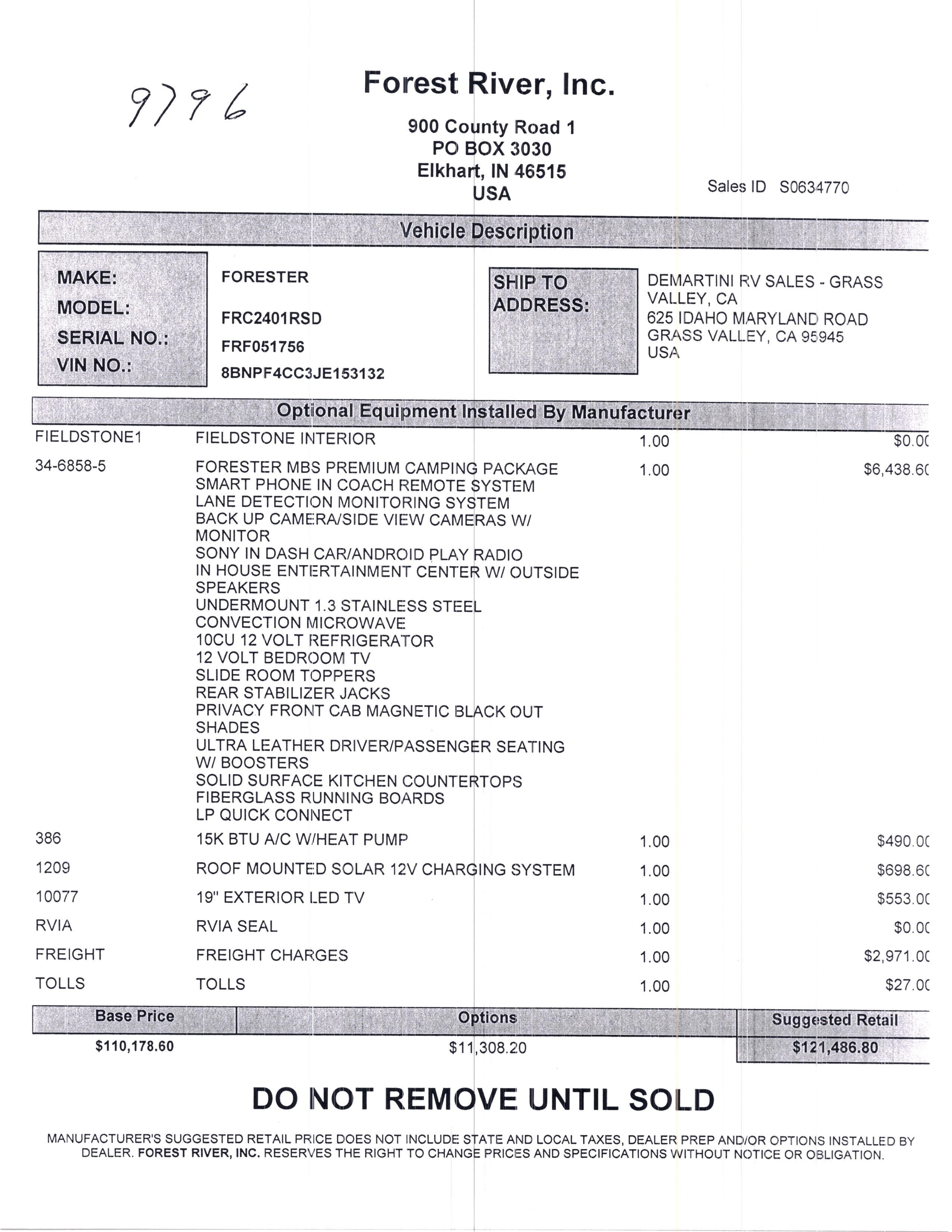 2020 Forest River Forester MBS 2401R MSRP Sheet