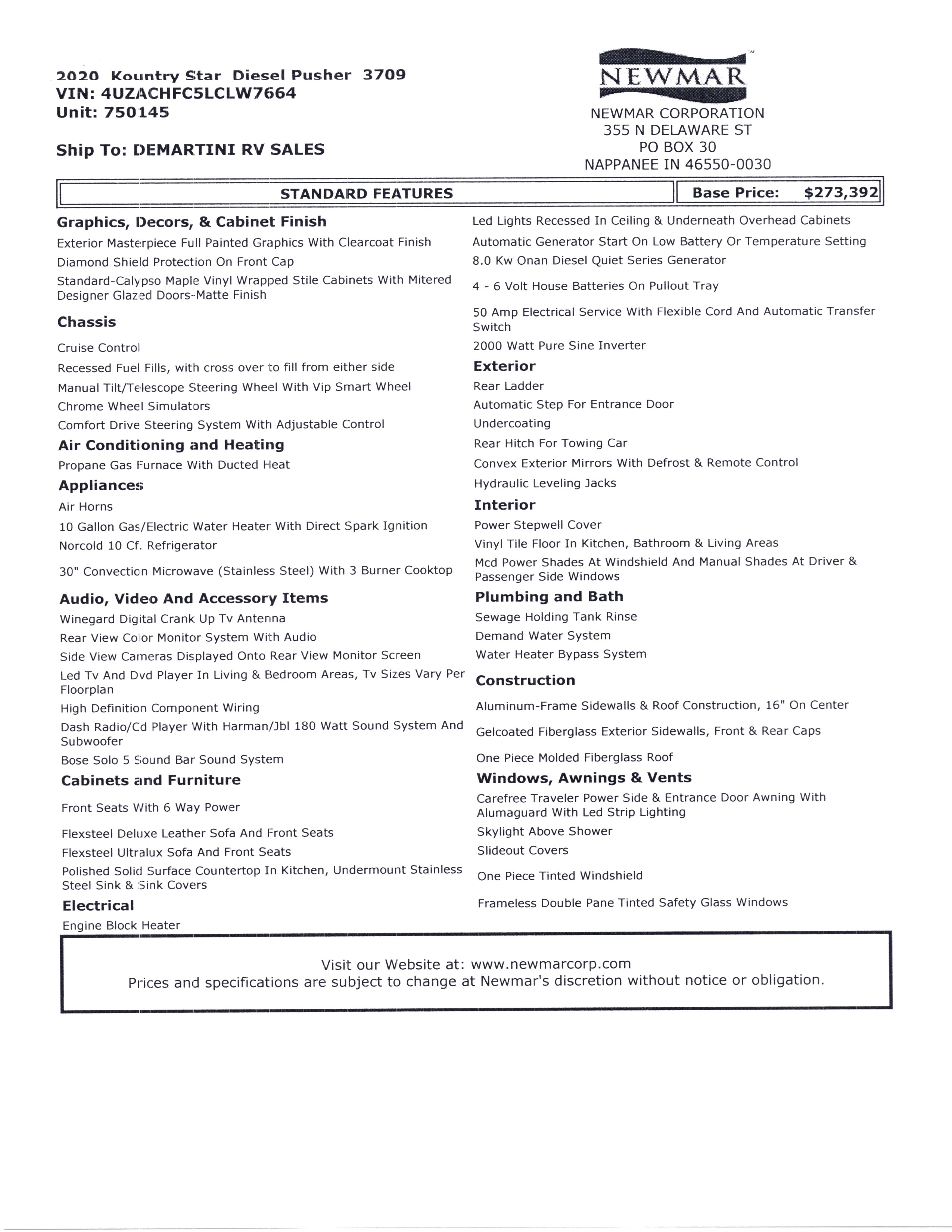 2020 Newmar Kountry Star 3709 MSRP Sheet