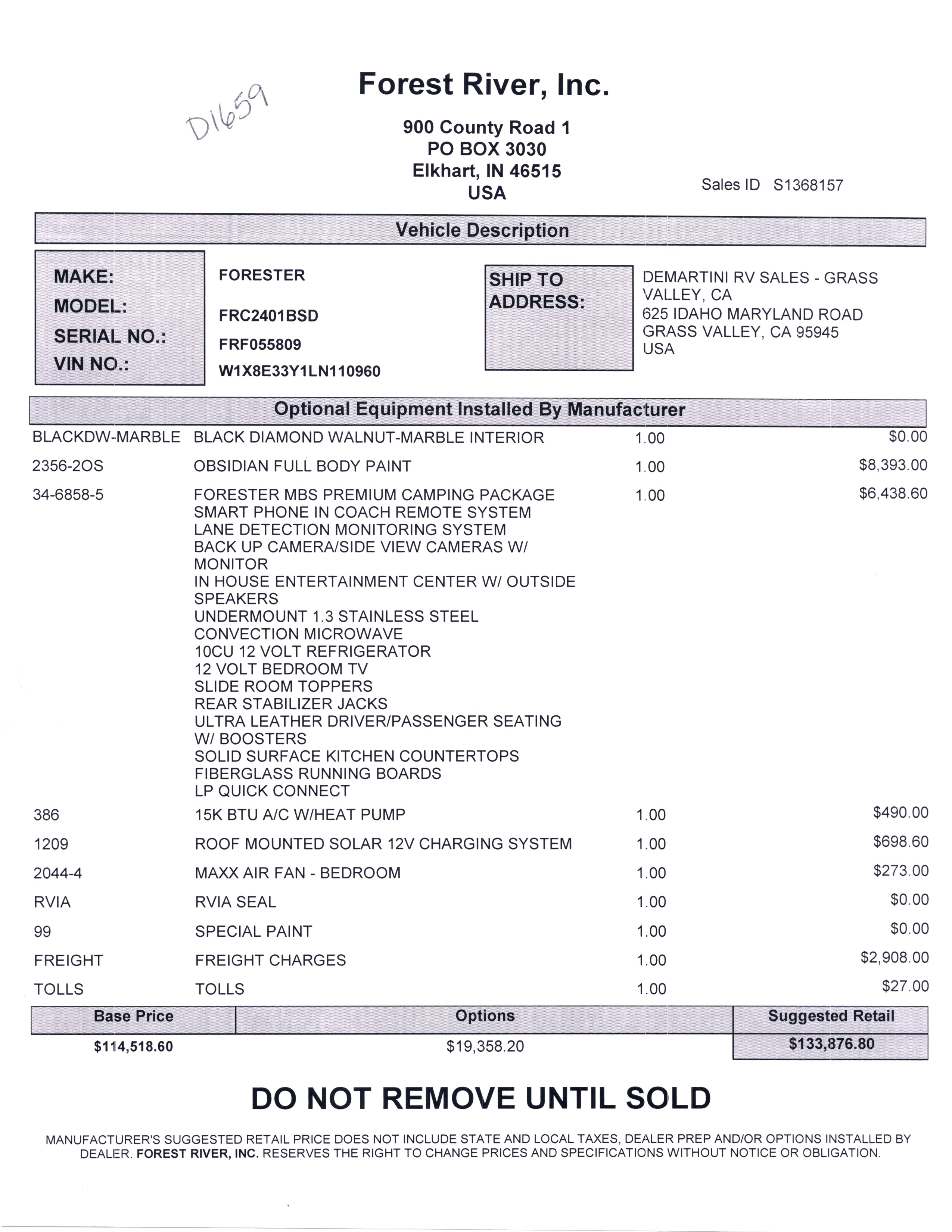 2021 Forest River Forester MBS 2401B MSRP Sheet