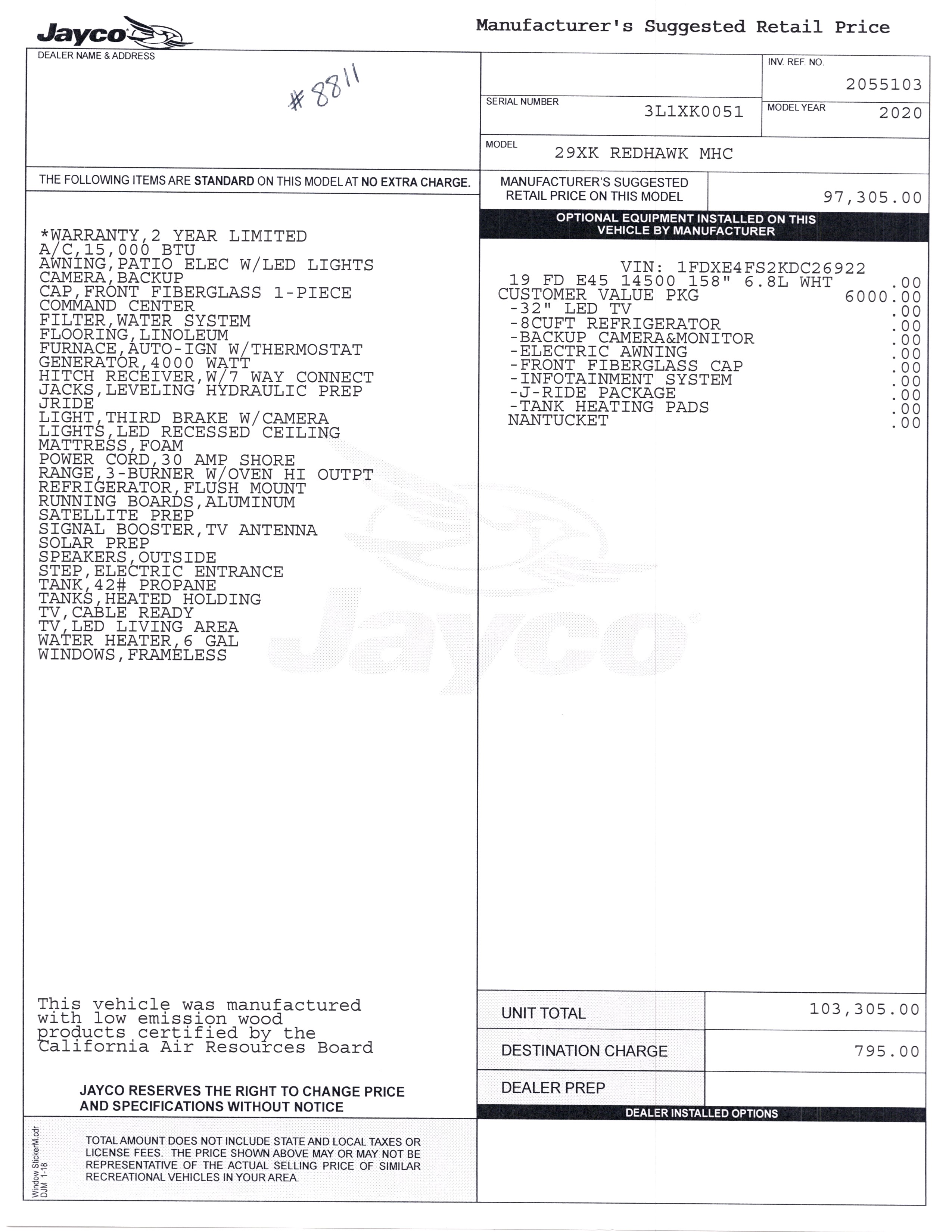 2020 Jayco Redhawk 29XK MSRP Sheet