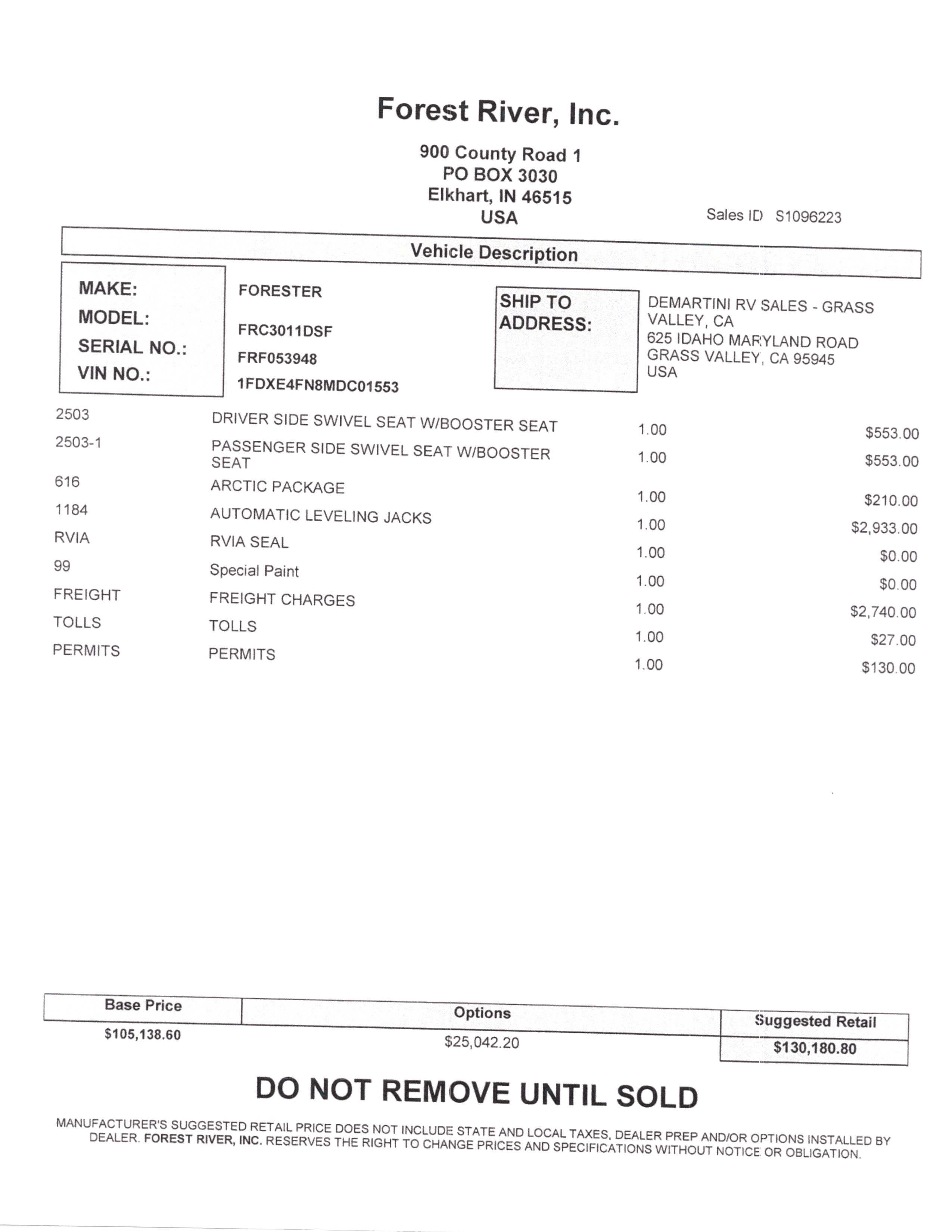 2021 Forest River Forester Classic 3011DS MSRP Sheet