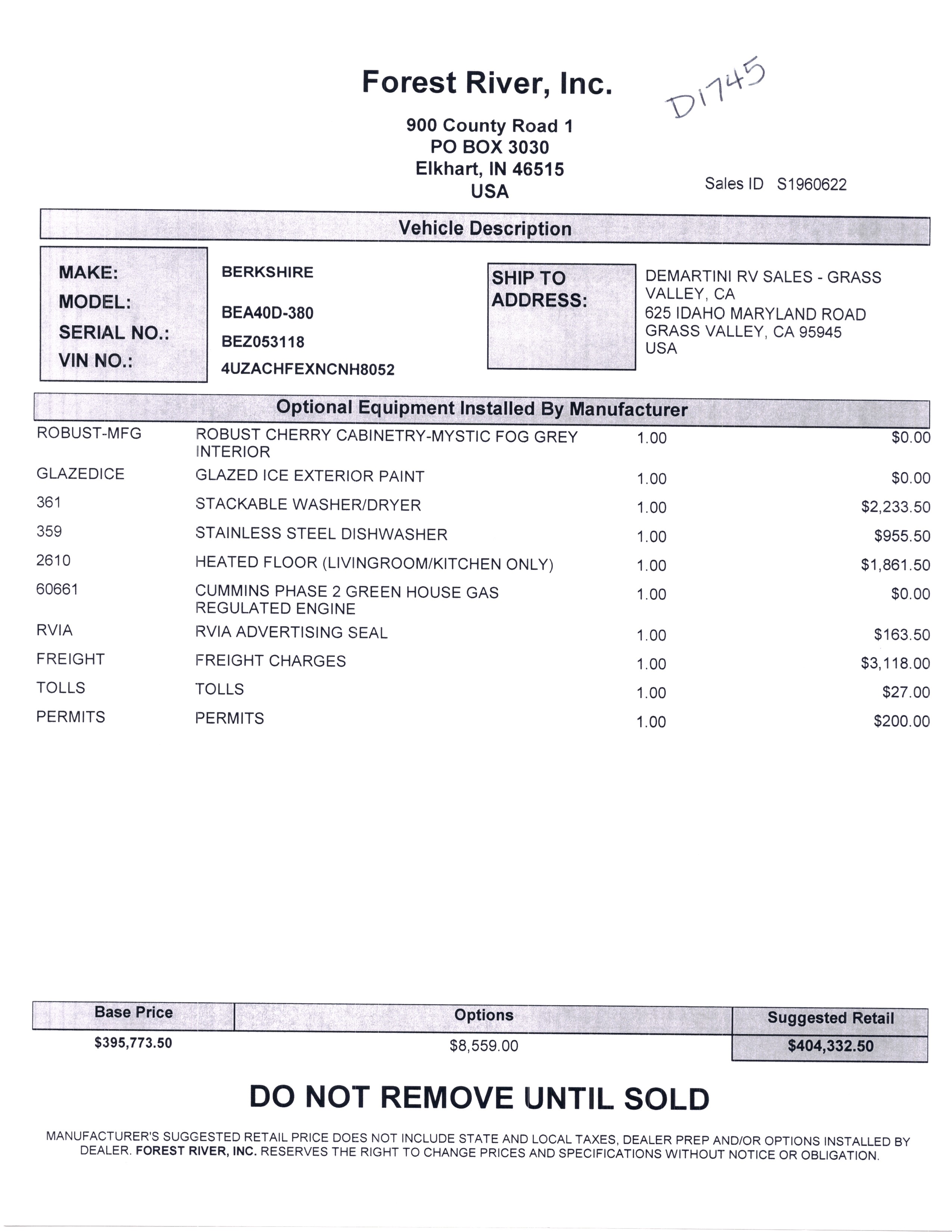 2021.5 Forest River Berkshire XL 40D MSRP Sheet