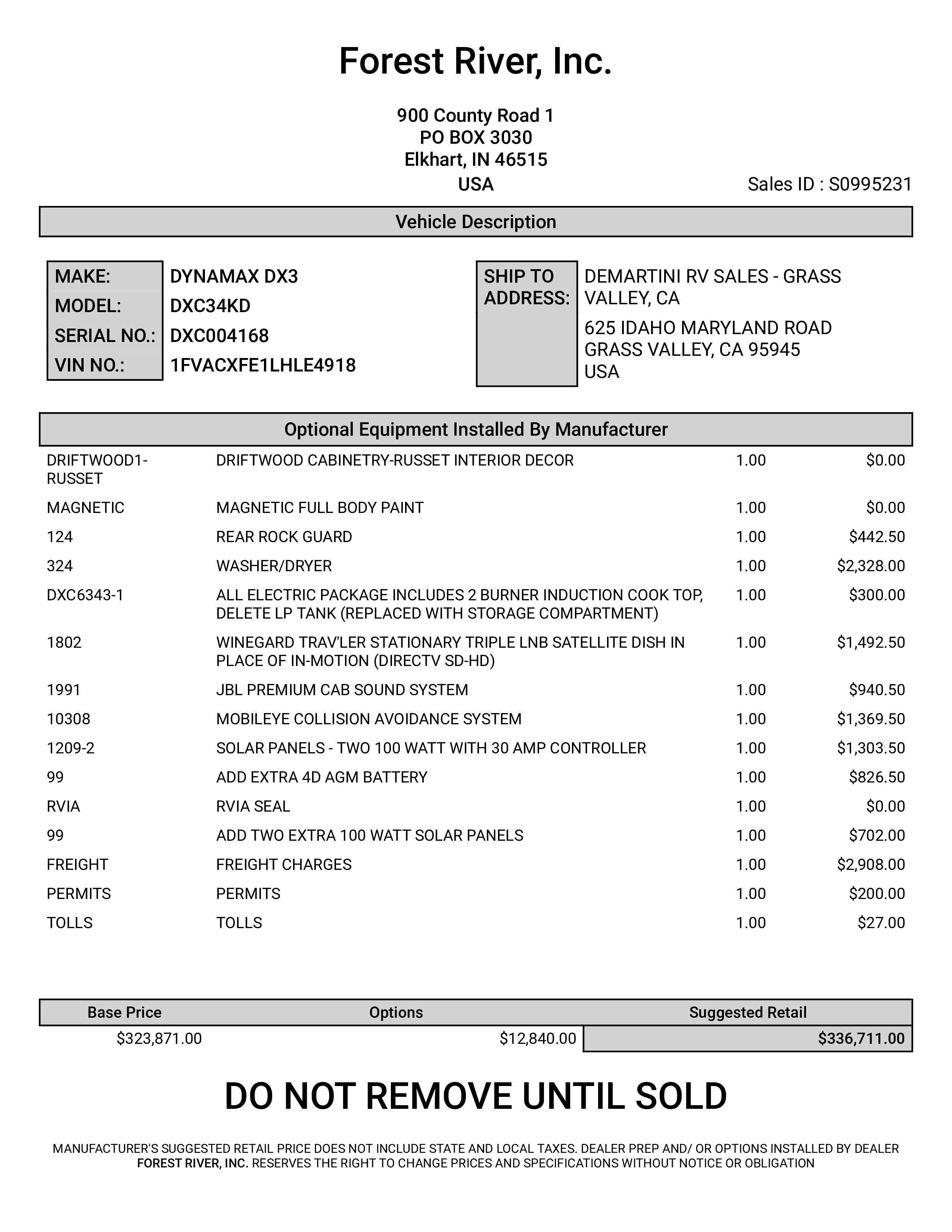 2021 Dynamax DX3 34KD MSRP Sheet