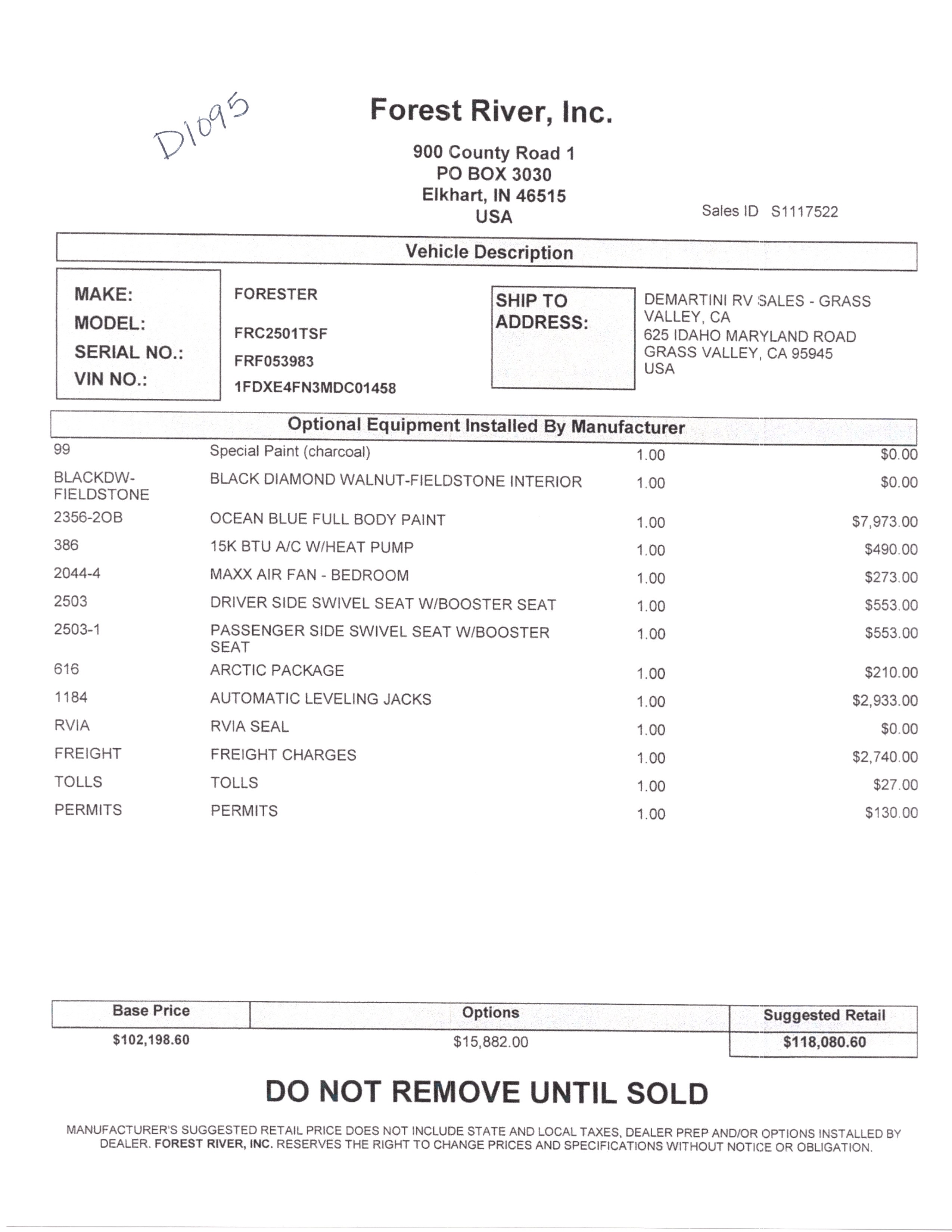 2021 Forest River Forester Classic 2501TS MSRP Sheet